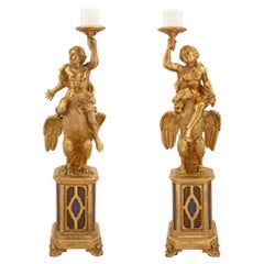 Coppia di torchiere barocche italiane del XVIII secolo in legno dorato e dipinto a finto colore