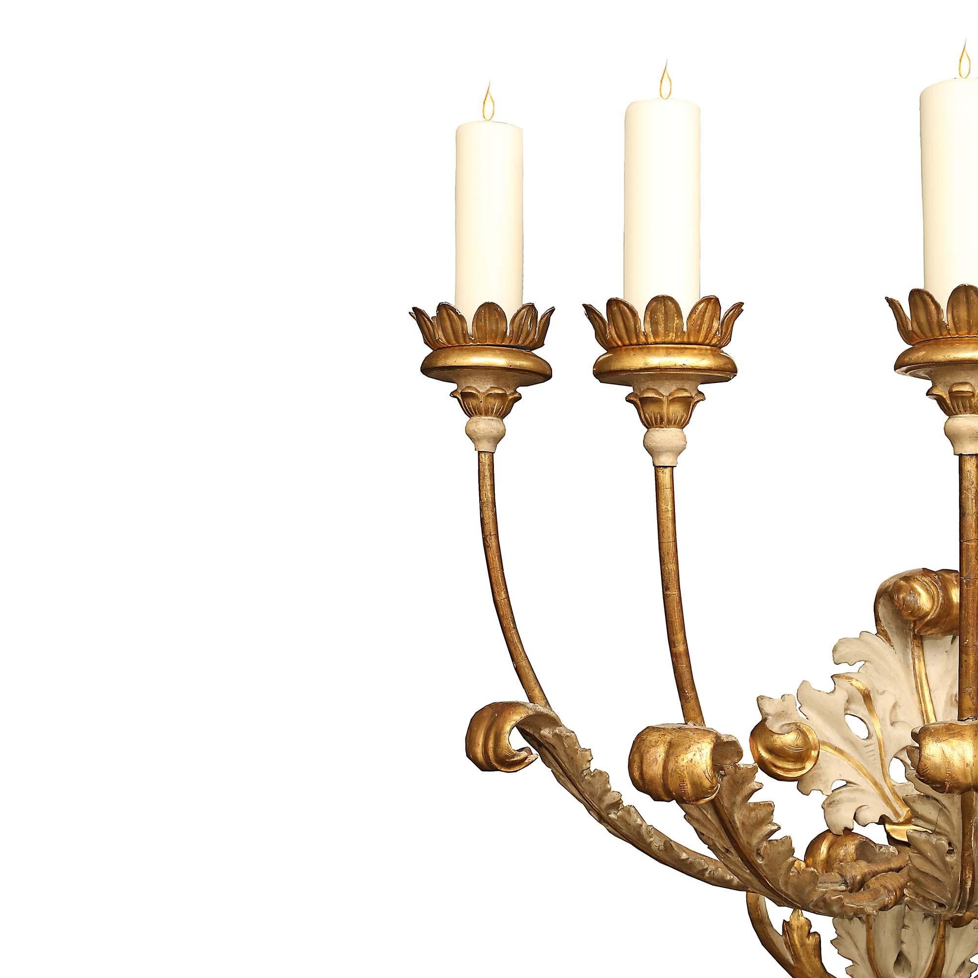 Pair of Italian 18th Century Giltwood and Patinated Seven Arm Sconces 1