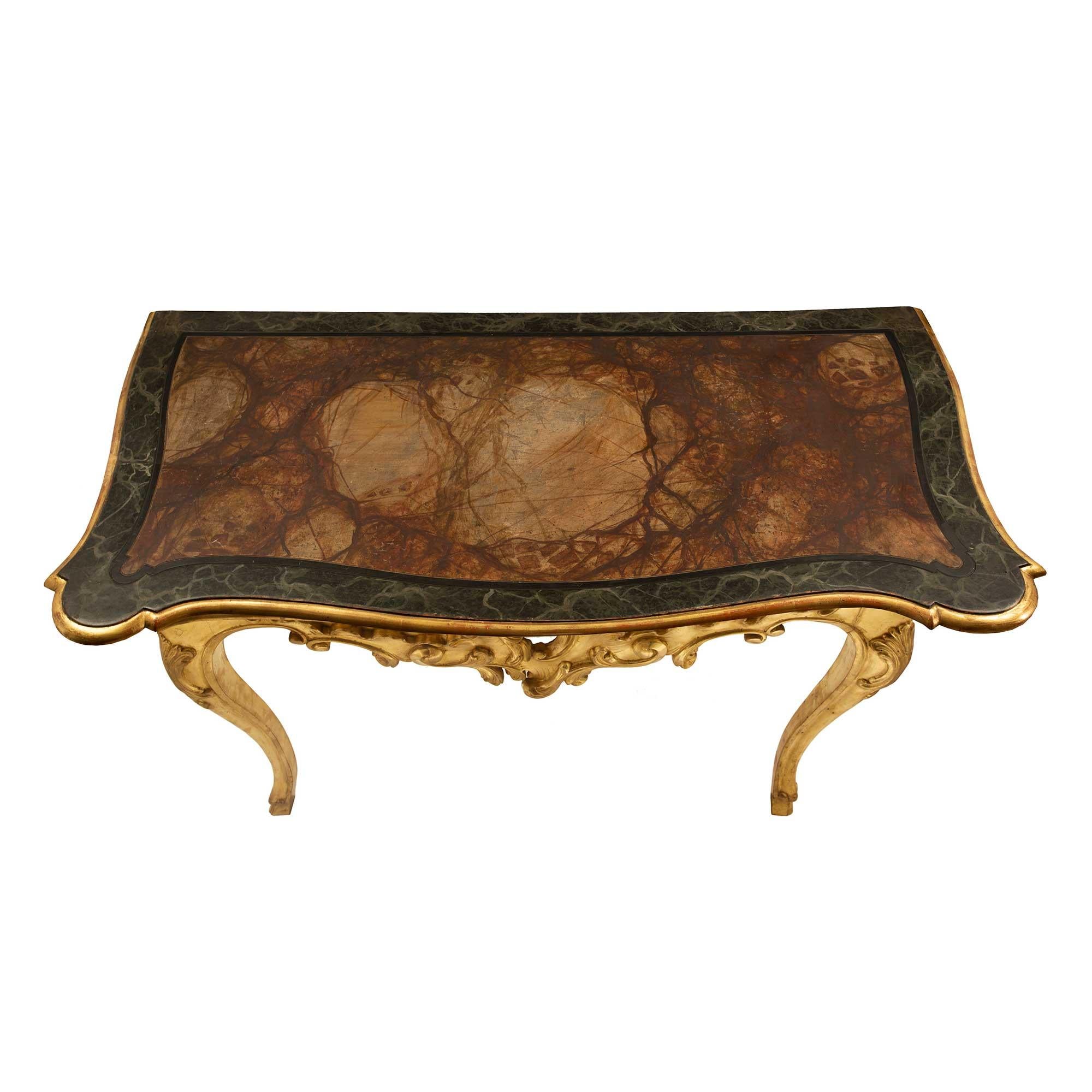 Painted Pair of Italian 18th Century Louis XV Period Giltwood and Faux Marble Consoles For Sale