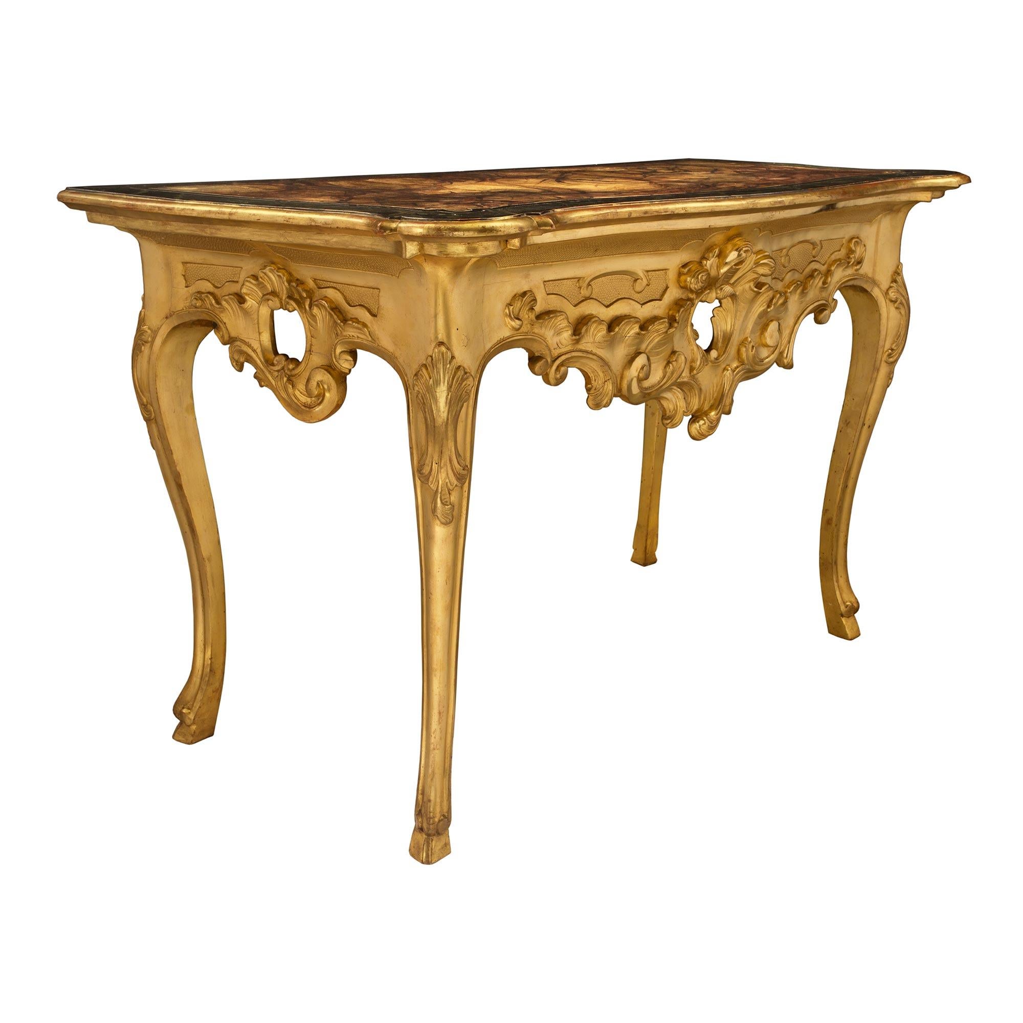 18th Century and Earlier Pair of Italian 18th Century Louis XV Period Giltwood and Faux Marble Consoles For Sale