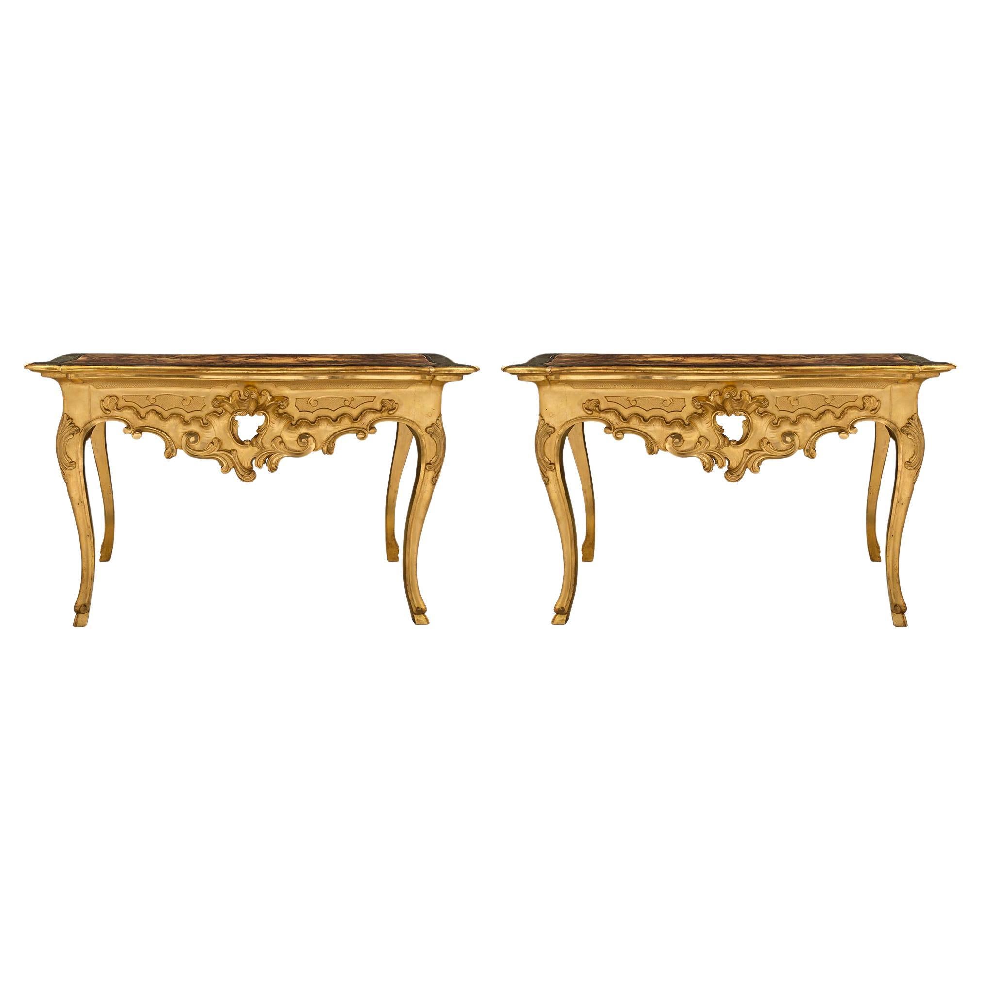 Pair of Italian 18th Century Louis XV Period Giltwood and Faux Marble Consoles For Sale