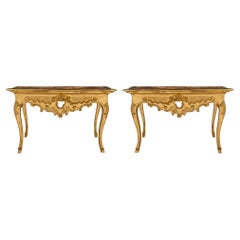Antique Pair of Italian 18th Century Louis XV Period Giltwood and Faux Marble Consoles
