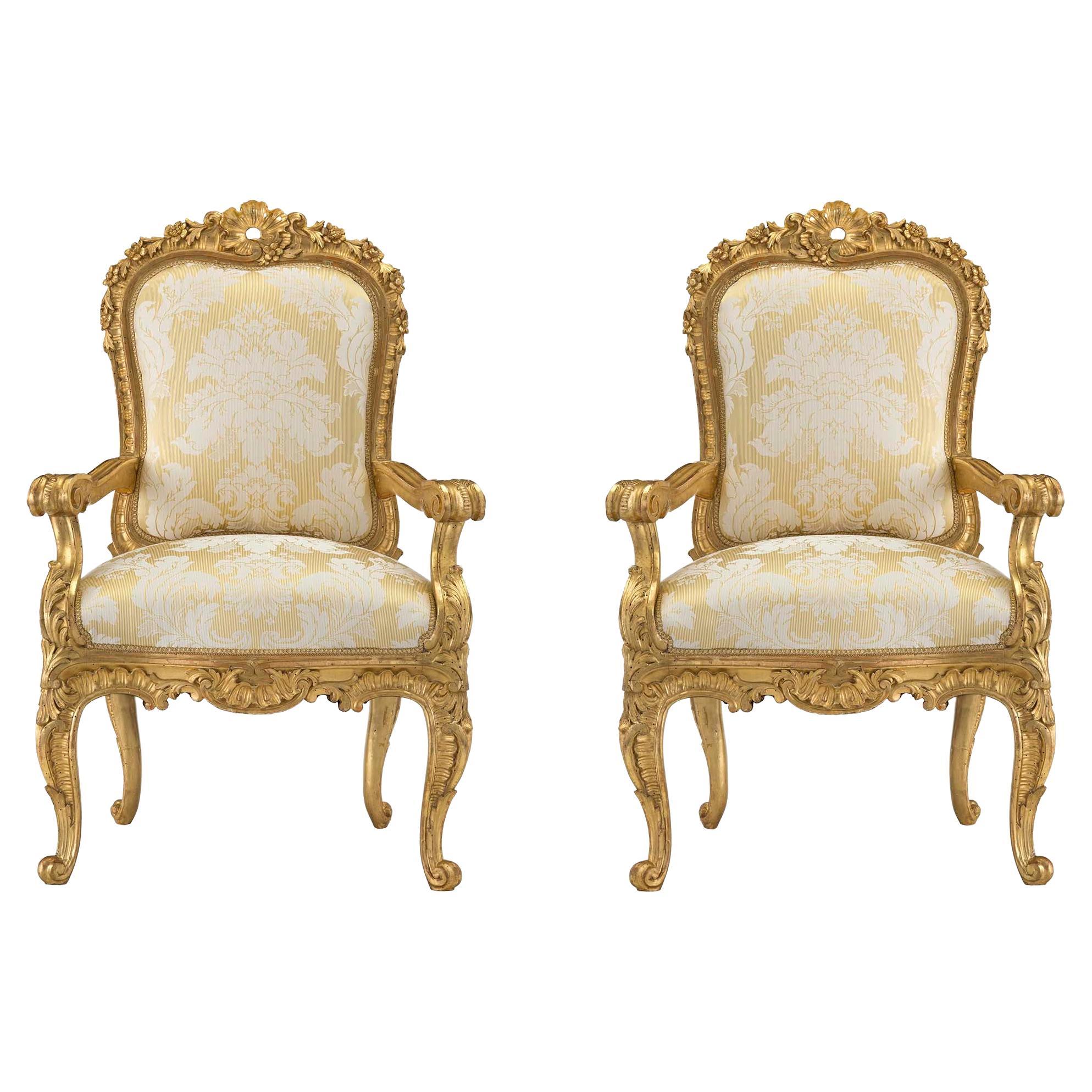 Pair of Italian 18th Century Louis XV Period Roman Giltwood Throne Armchairs For Sale