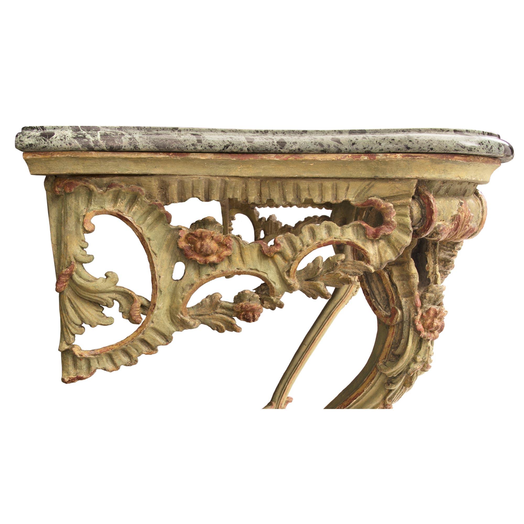 Patinated Pair of Italian 18th Century Louis XV Period Wall-Mounted Consoles For Sale