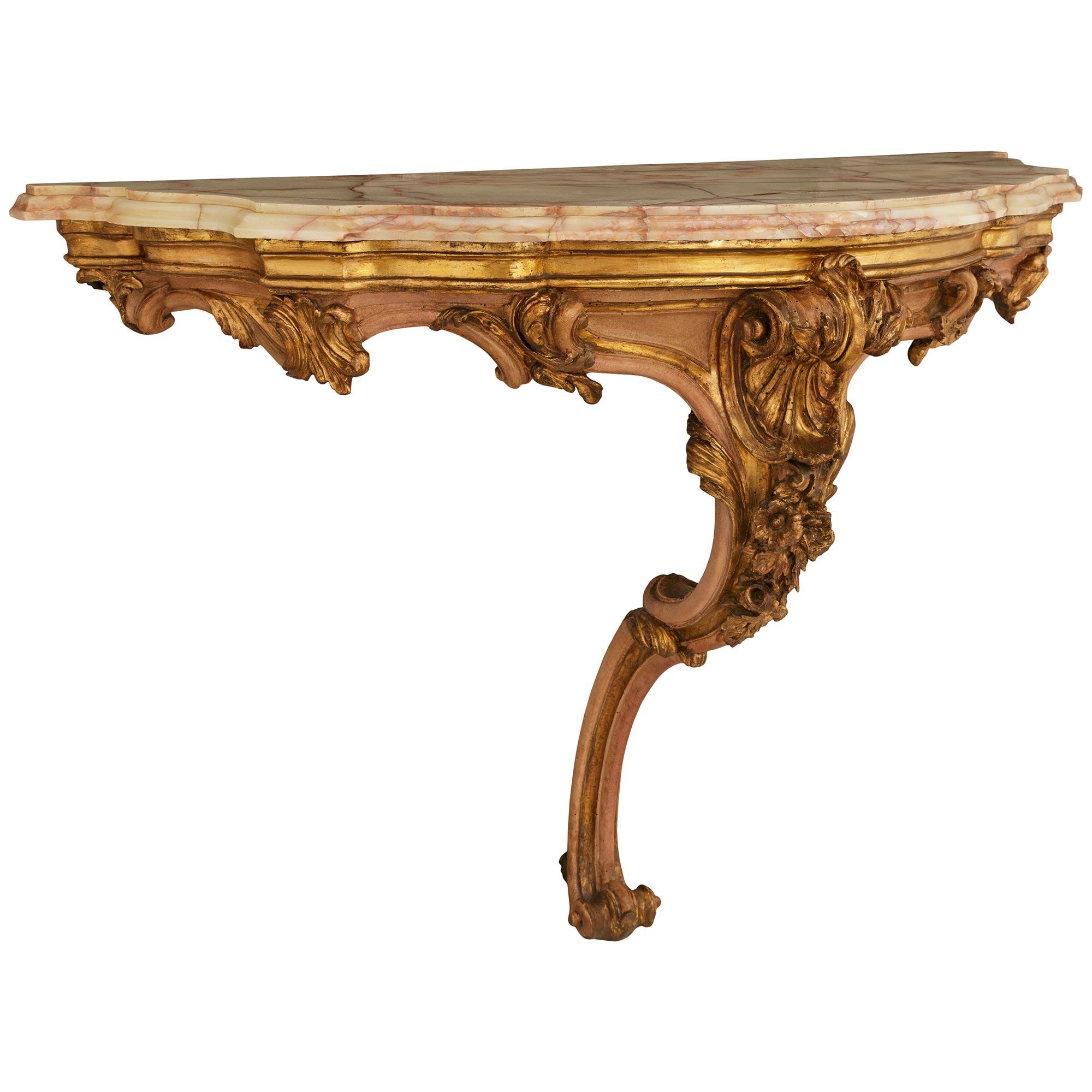 pair of Italian 18th century Louis XV st. painted Wood, Mecca and Onyx consoles In Good Condition For Sale In West Palm Beach, FL