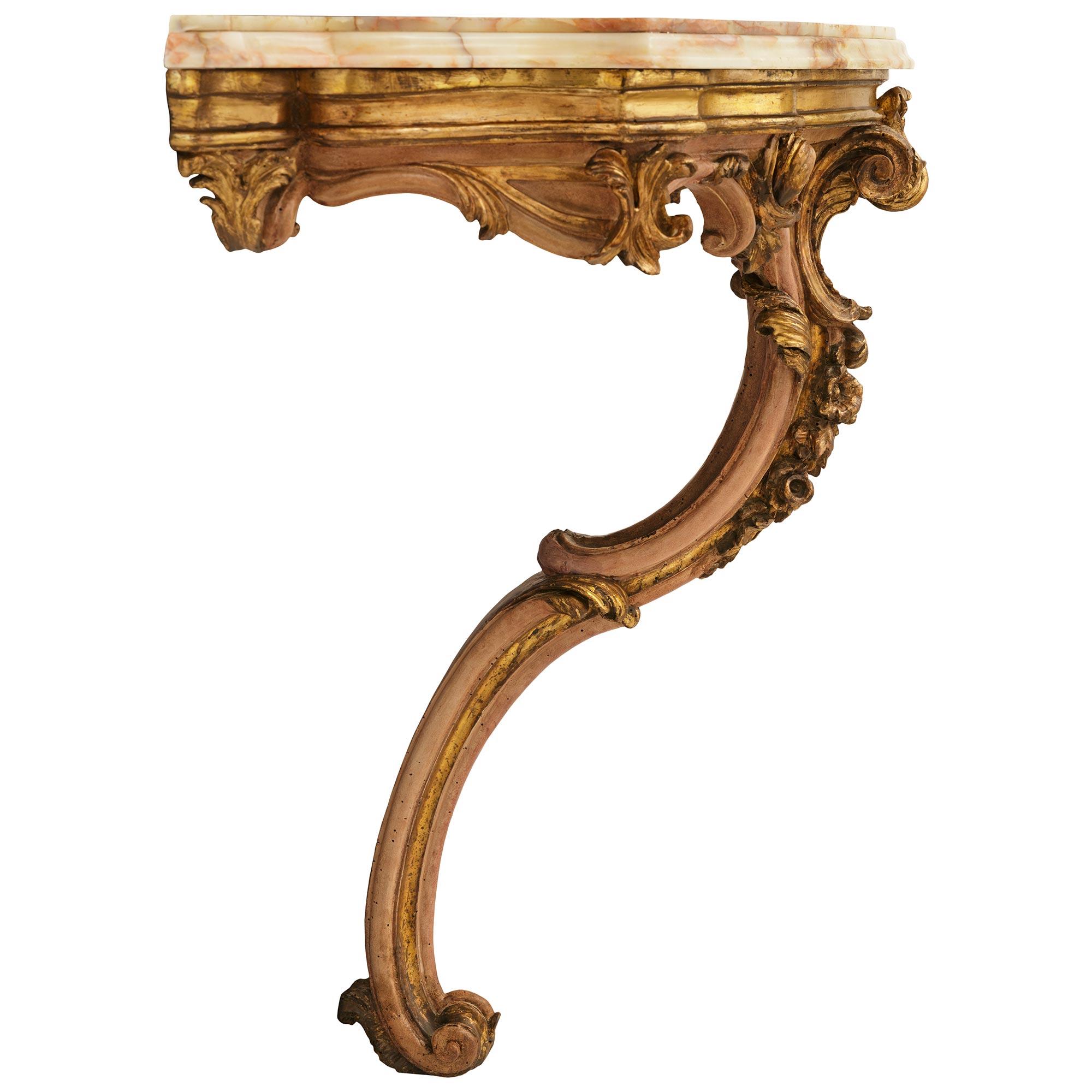 18th Century and Earlier pair of Italian 18th century Louis XV st. painted Wood, Mecca and Onyx consoles For Sale