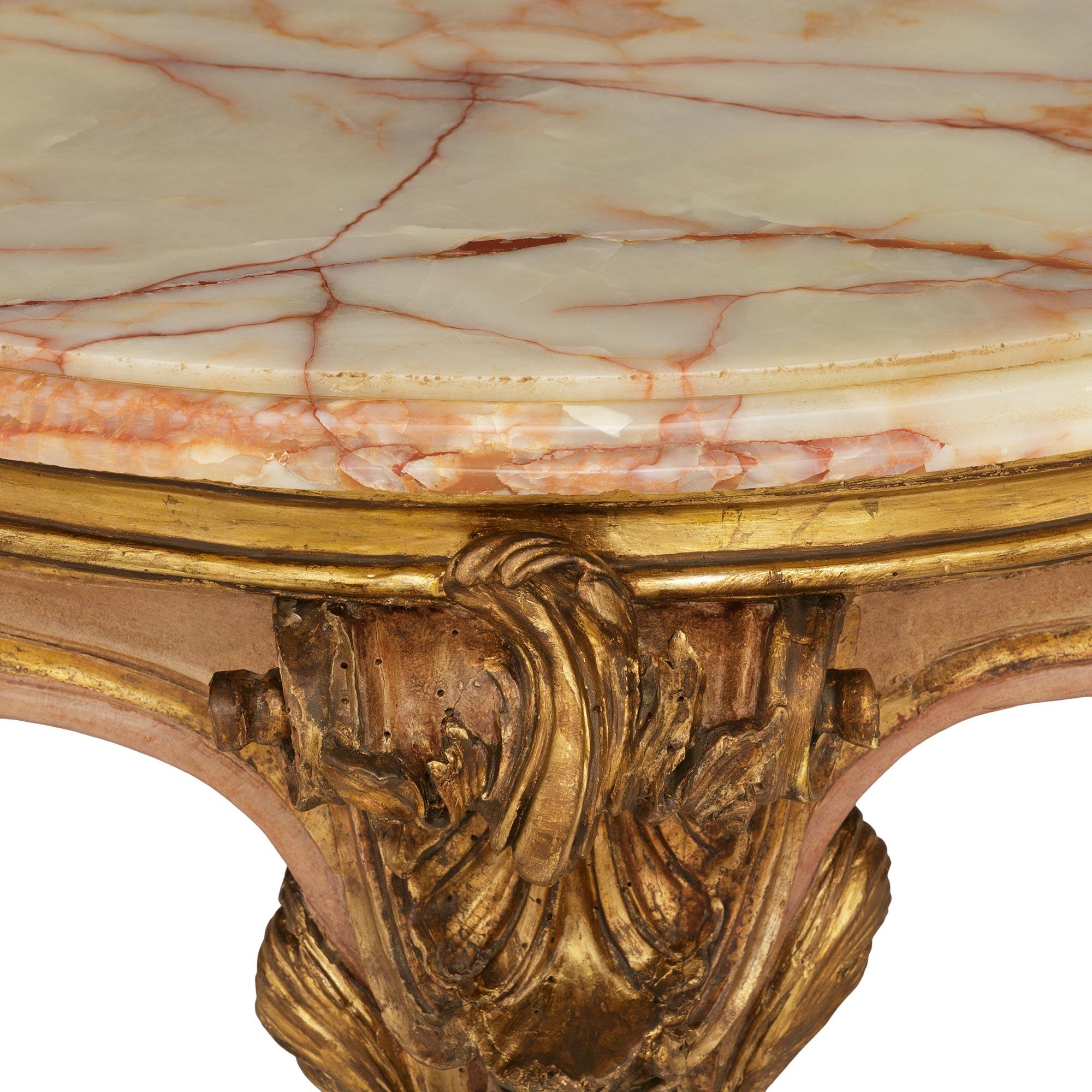 Marble pair of Italian 18th century Louis XV st. painted Wood, Mecca and Onyx consoles For Sale