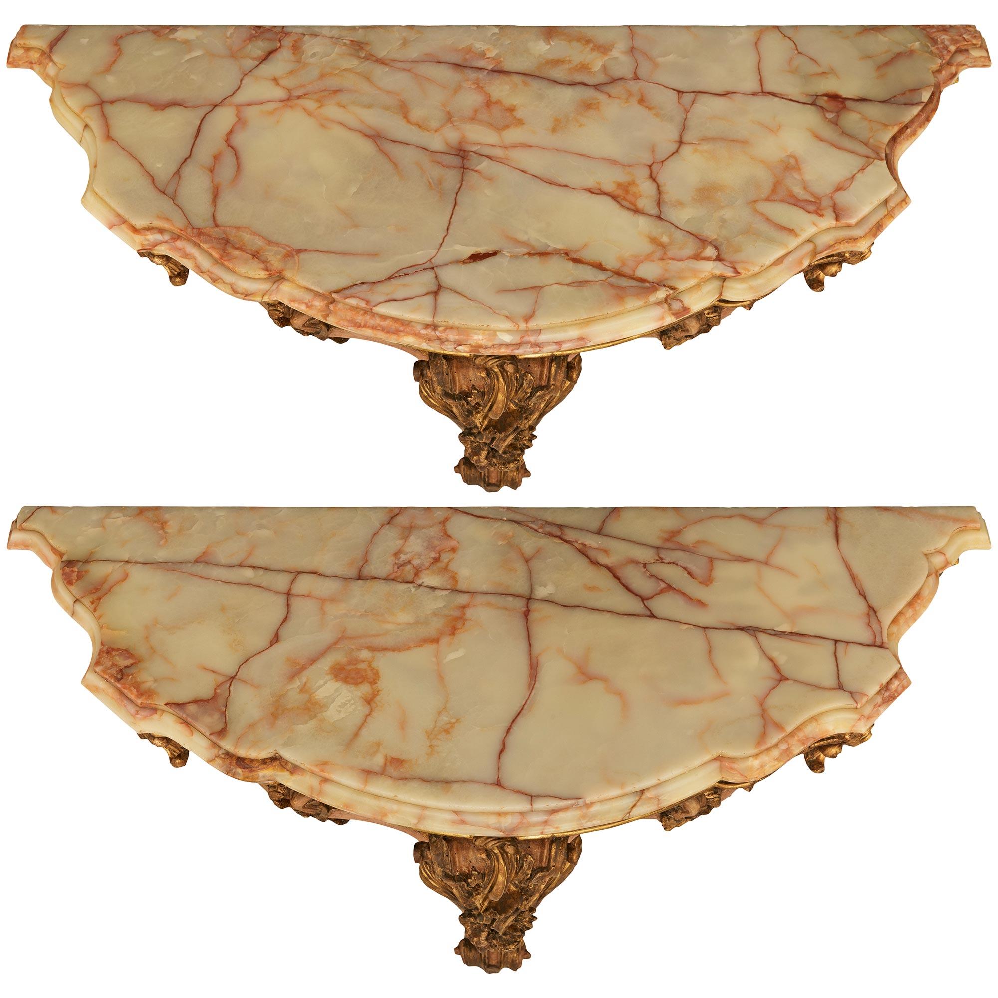 pair of Italian 18th century Louis XV st. painted Wood, Mecca and Onyx consoles For Sale 4