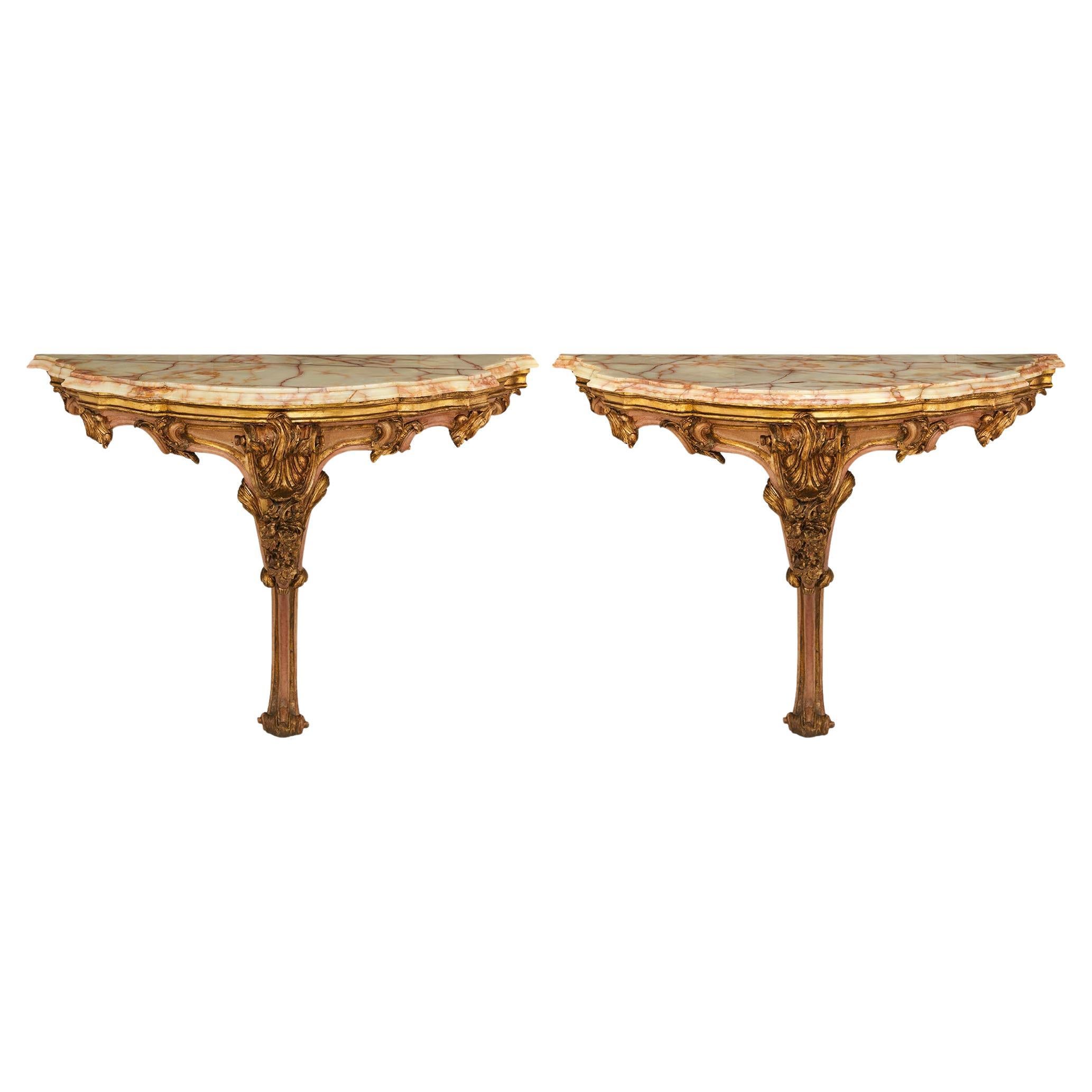 pair of Italian 18th century Louis XV st. painted Wood, Mecca and Onyx consoles For Sale