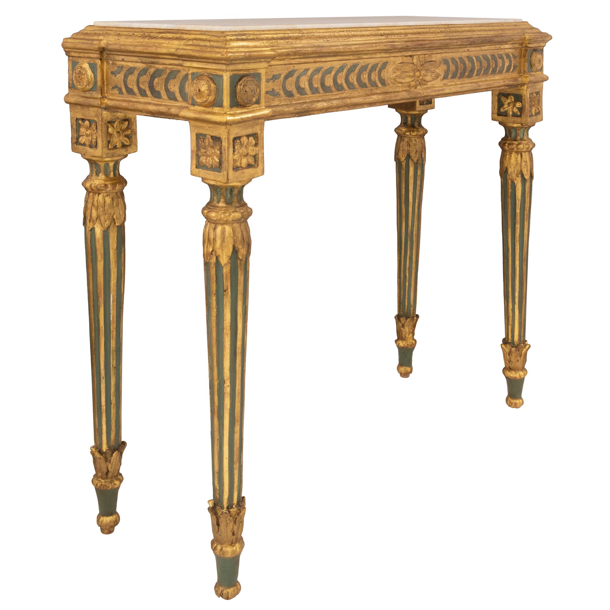 Patinated Pair of Italian 18th Century Louis XVI Period Freestanding Giltwood Consoles For Sale