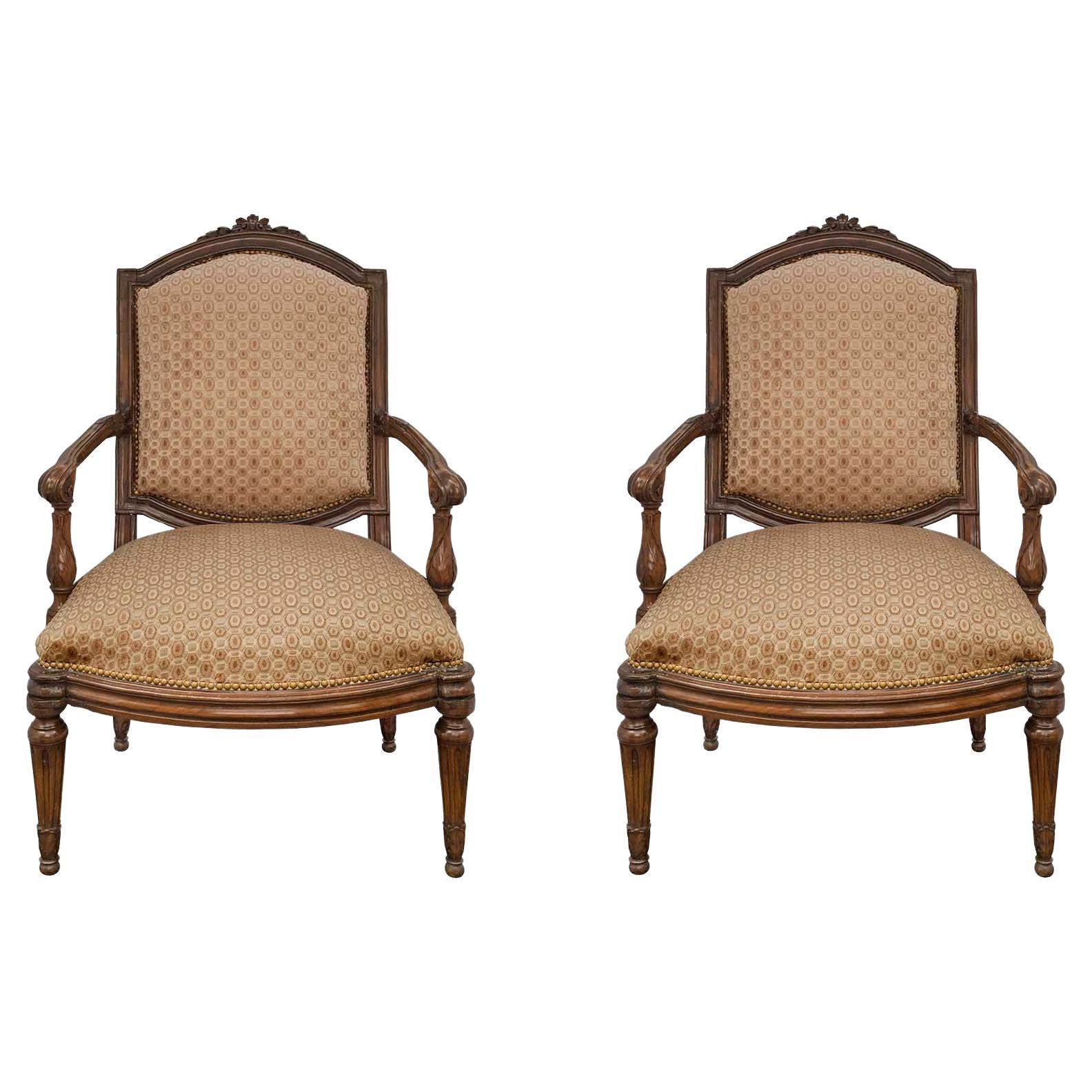 Pair of Italian 18th Century Louis XVI Period Walnut Armchairs For Sale