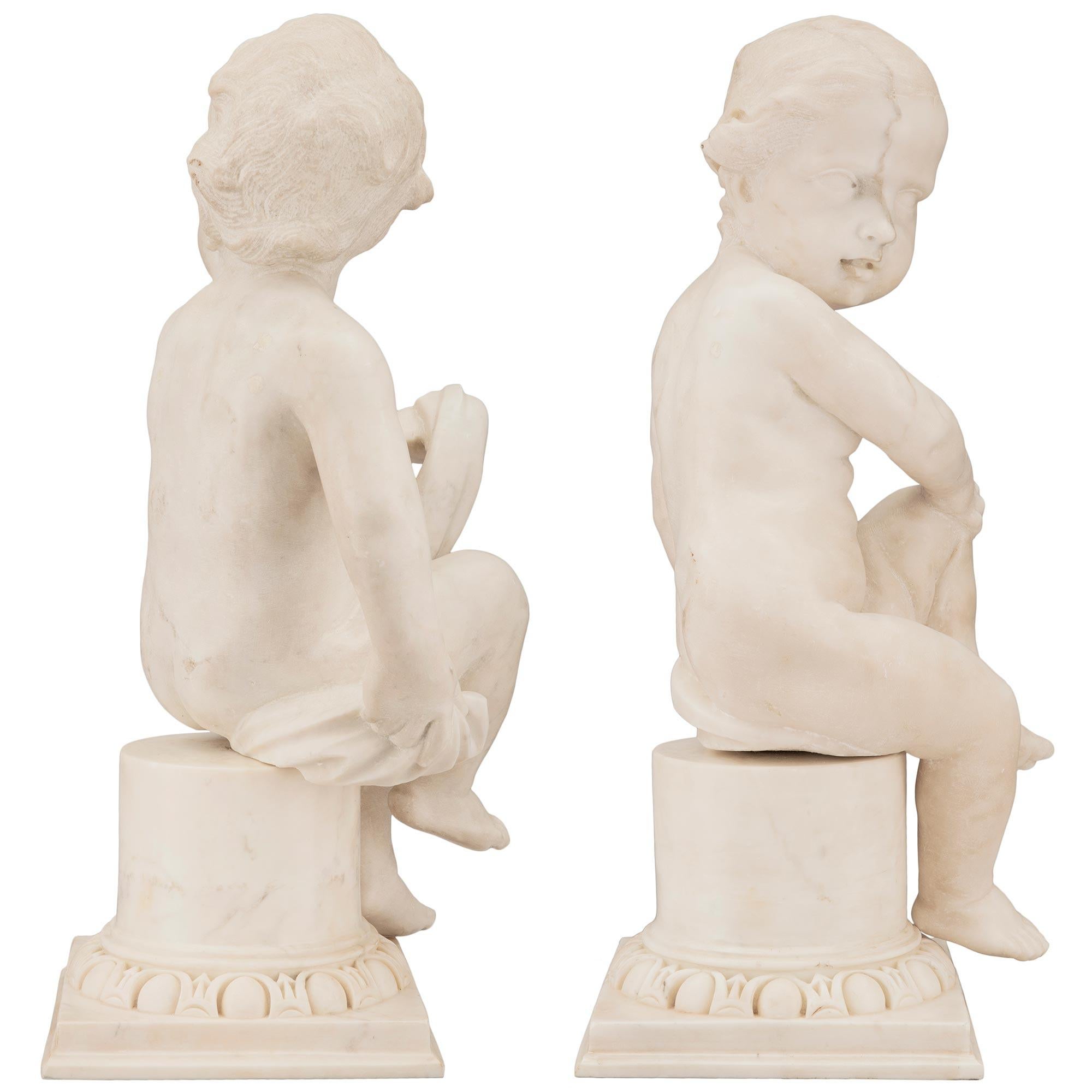Pair of Italian 18th Century Louis XVI Period White Carrara Marble Statues In Good Condition For Sale In West Palm Beach, FL