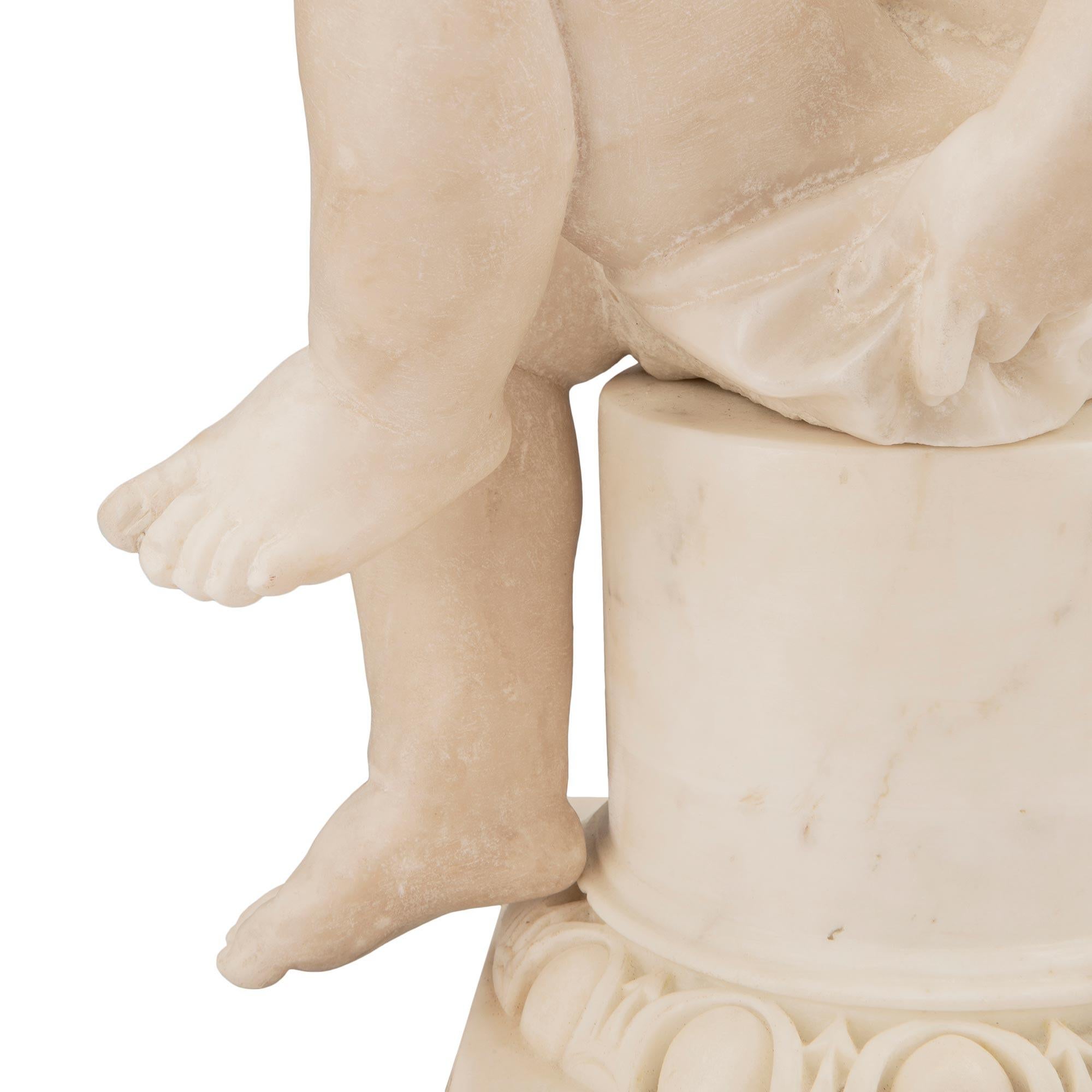 Pair of Italian 18th Century Louis XVI Period White Carrara Marble Statues For Sale 5