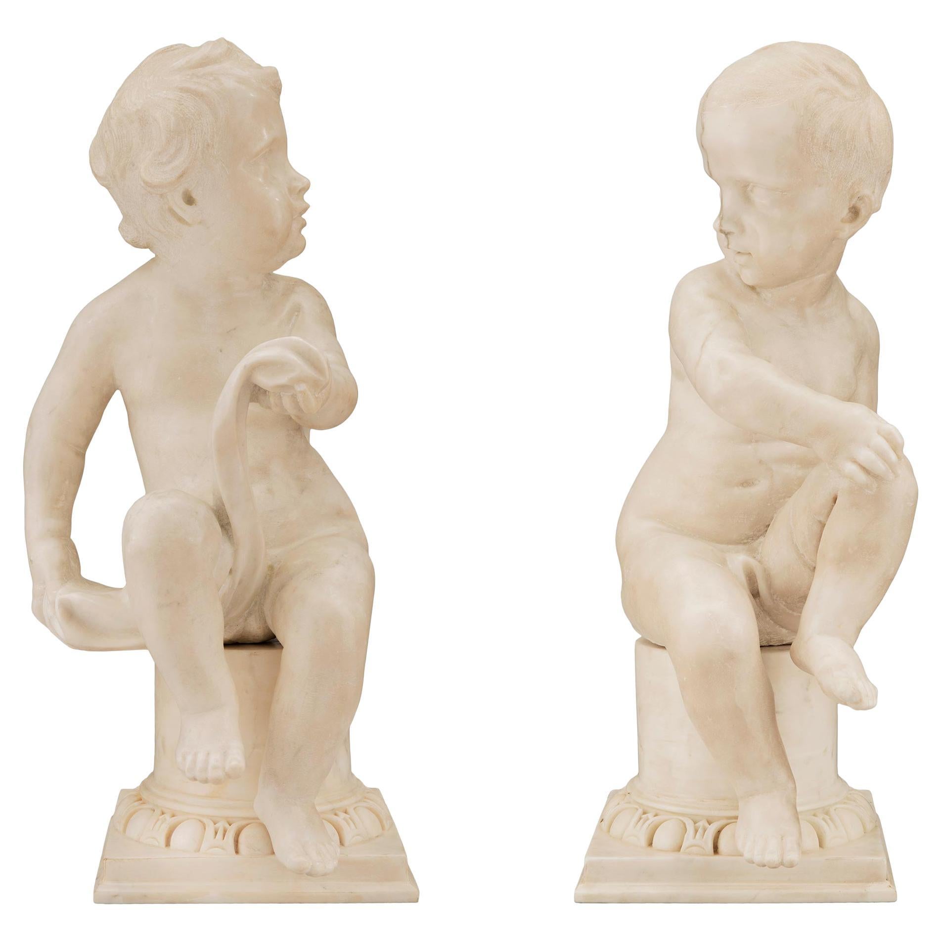 Pair of Italian 18th Century Louis XVI Period White Carrara Marble Statues For Sale