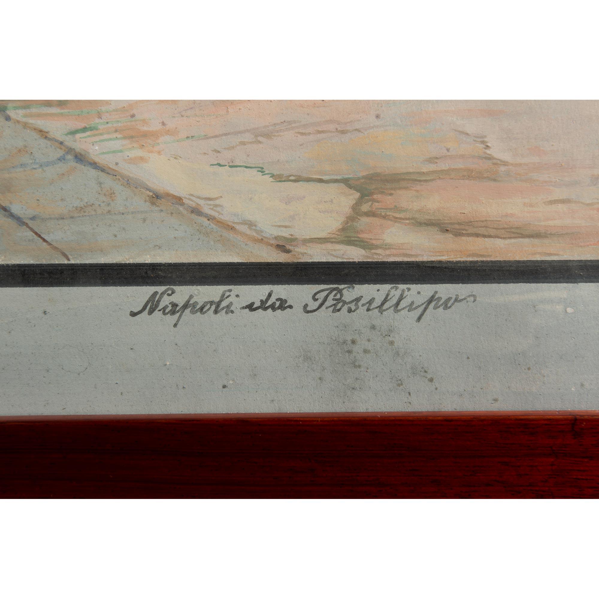 Pair of Italian 18th Century Neapolitan Gouaches in 19th Century Mahogany Frame For Sale 8