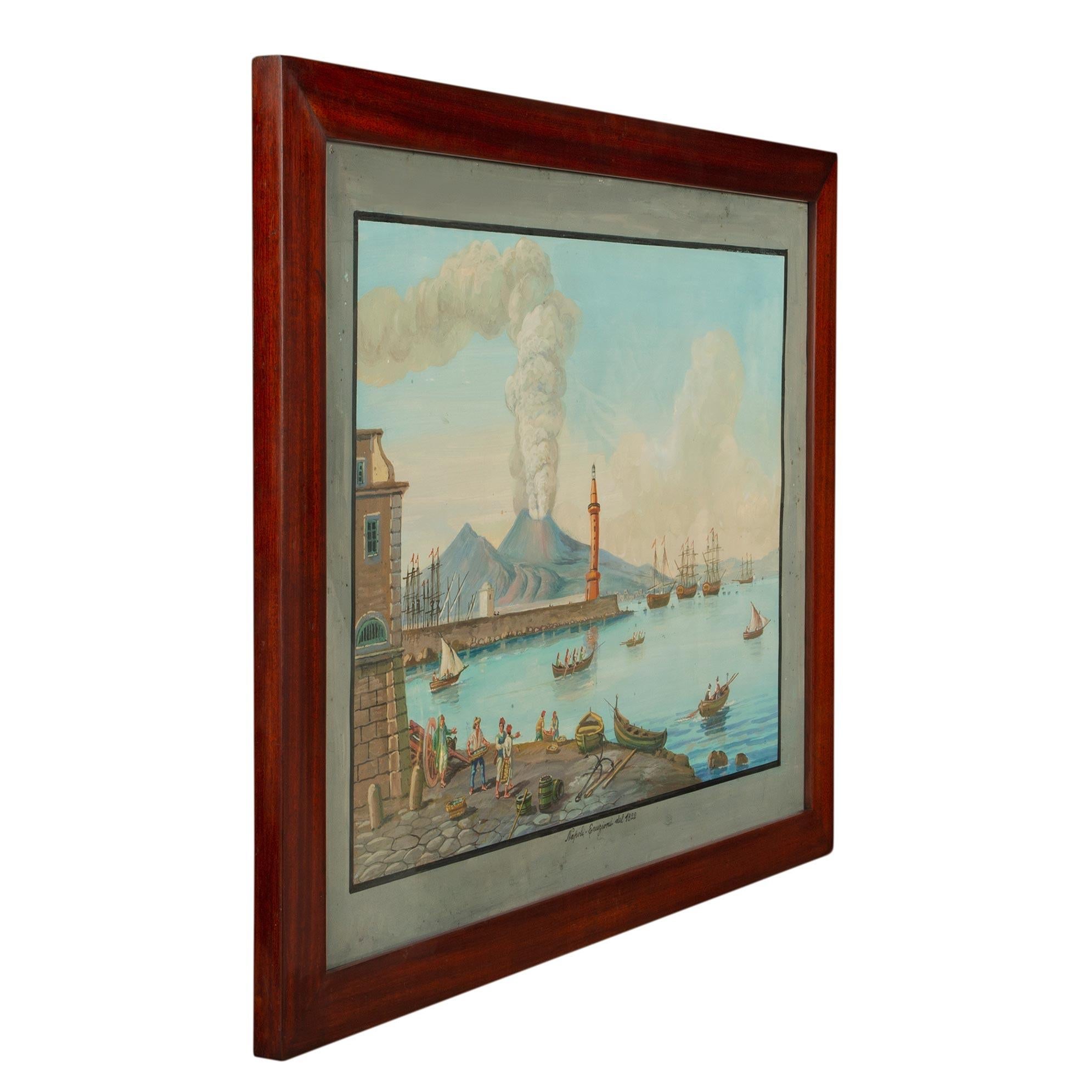A beautiful pair of Italian 18th century Neapolitan gouaches in 19th century mahogany frames. One depicts the volcano eruption of 1822 in Naples, the other is an affluent residential area, in southern Italy, on the coast of the gulf of Napes called