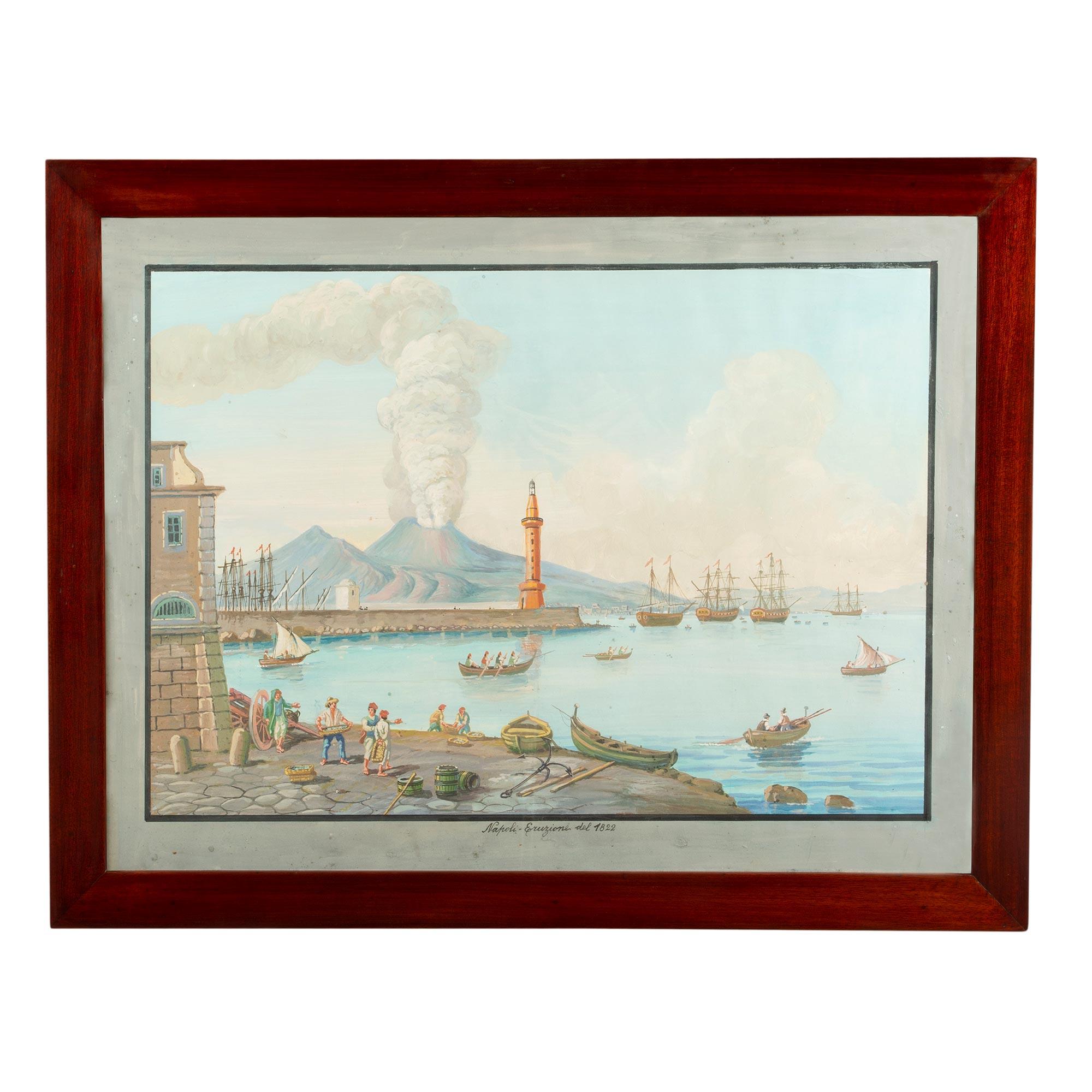 Pair of Italian 18th Century Neapolitan Gouaches in 19th Century Mahogany Frame In Good Condition For Sale In West Palm Beach, FL