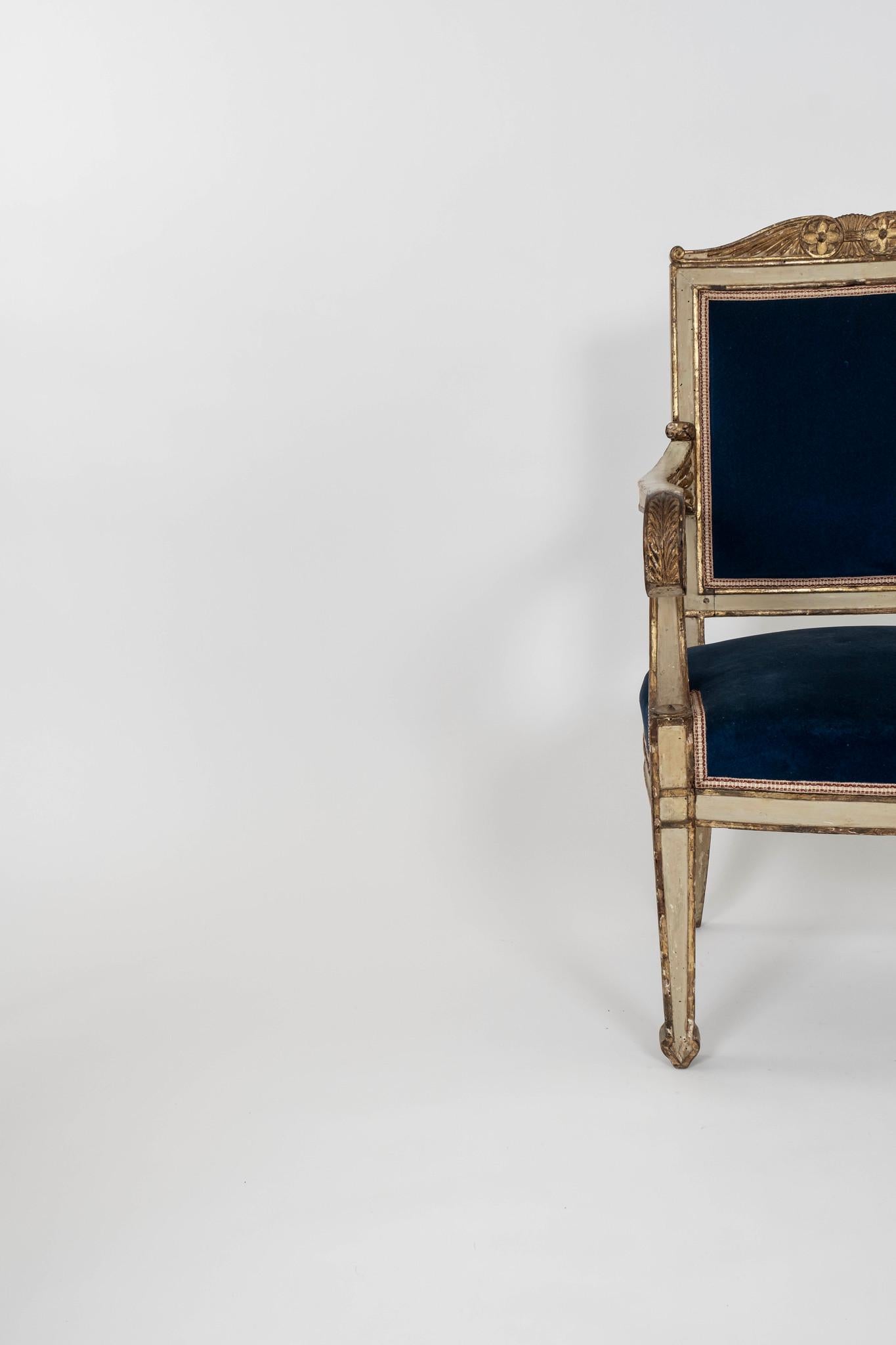 Velvet Pair of Italian 18th Century Neoclassical Painted Parcel Gilt Armchairs