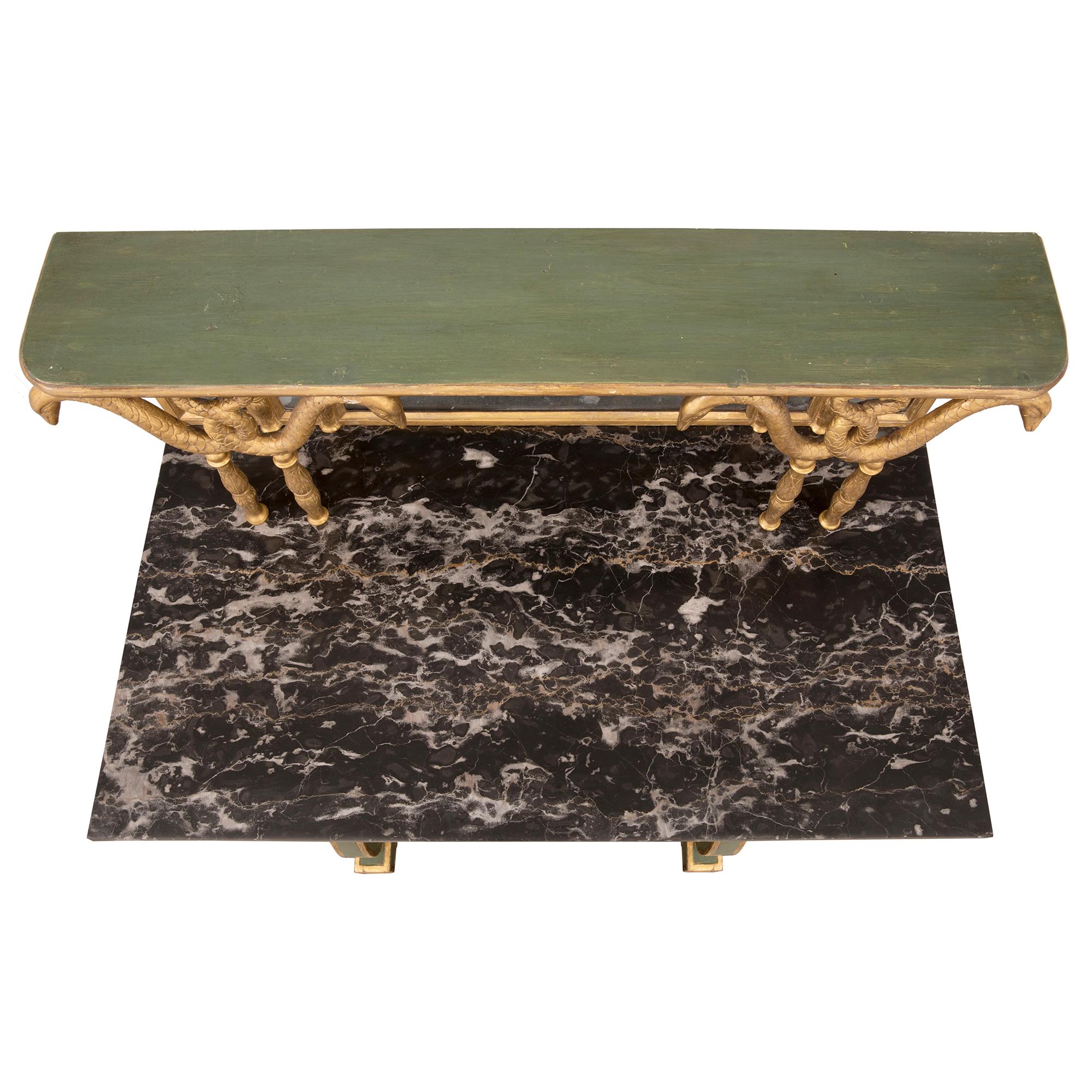 A stunning and most unique pair of Italian 18th century Neo-Classical st. patinated green, giltwood and Portoro marble freestanding consoles, from Luca. Each console is raised by beautiful patinated green curved intertwined supports with fine