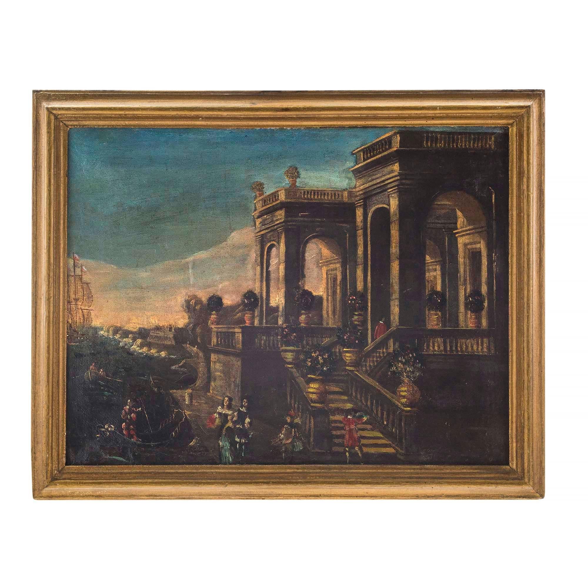 A superb pair of Italian 18th century Oil on Canvas paintings in their original giltwood frames. The painting on the left depicts large impressive battle ships in the back ground and beautiful Italian architecture in the foreground with figures