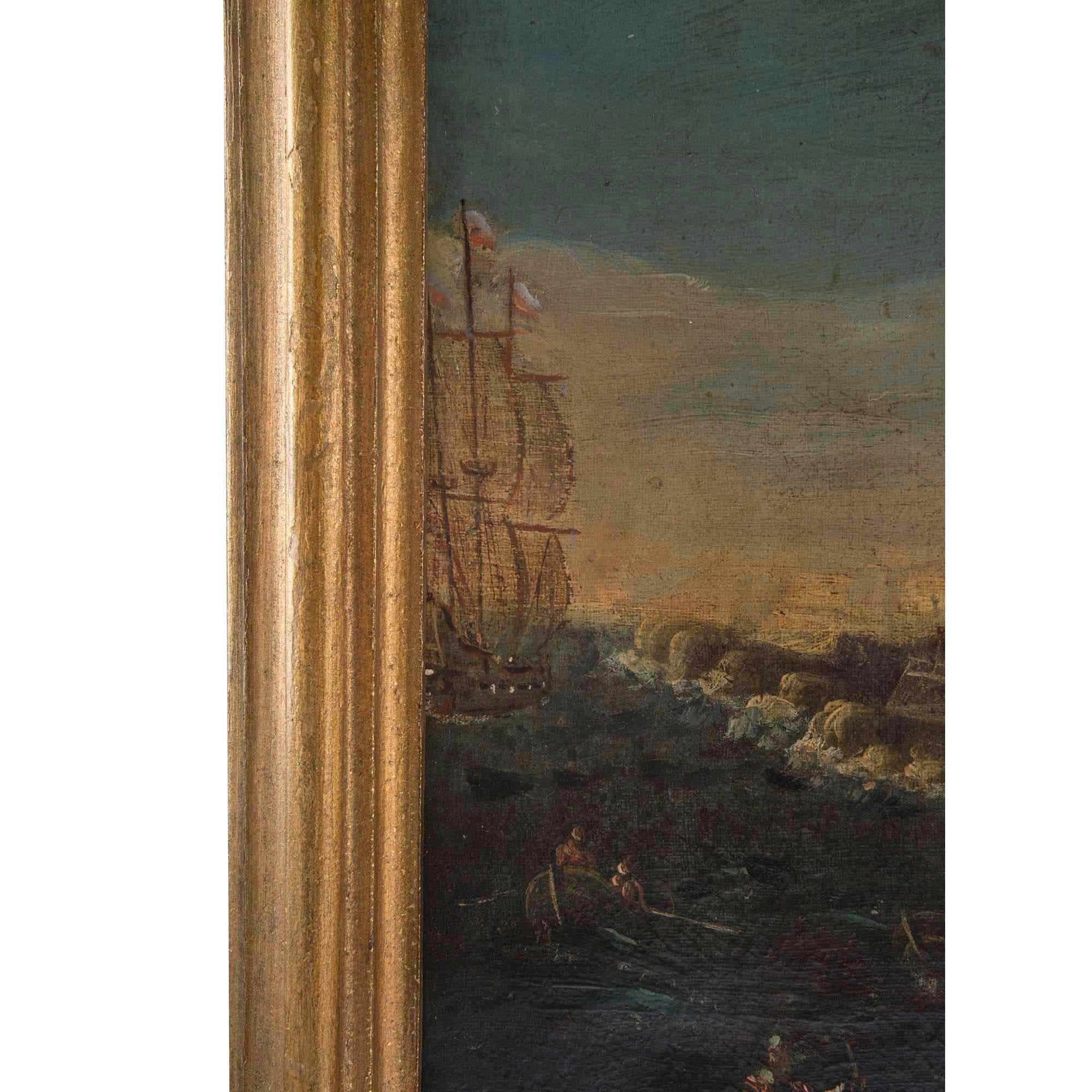 Pair of Italian 18th Century Oil on Canvas within Molded Edge Giltwood Frame For Sale 2