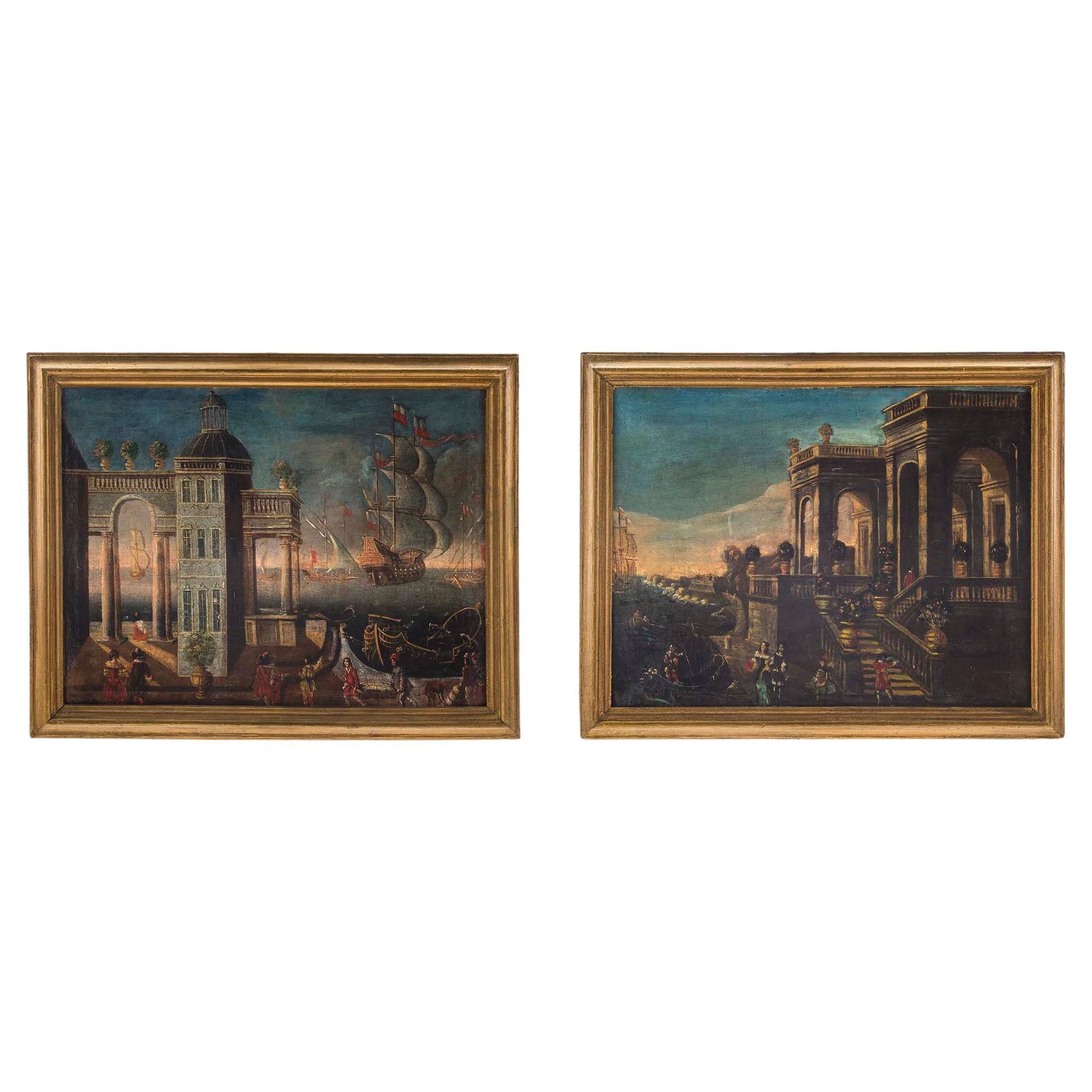 Pair of Italian 18th Century Oil on Canvas within Molded Edge Giltwood Frame For Sale