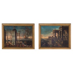 Pair of Italian 18th Century Oil on Canvas within Molded Edge Giltwood Frame