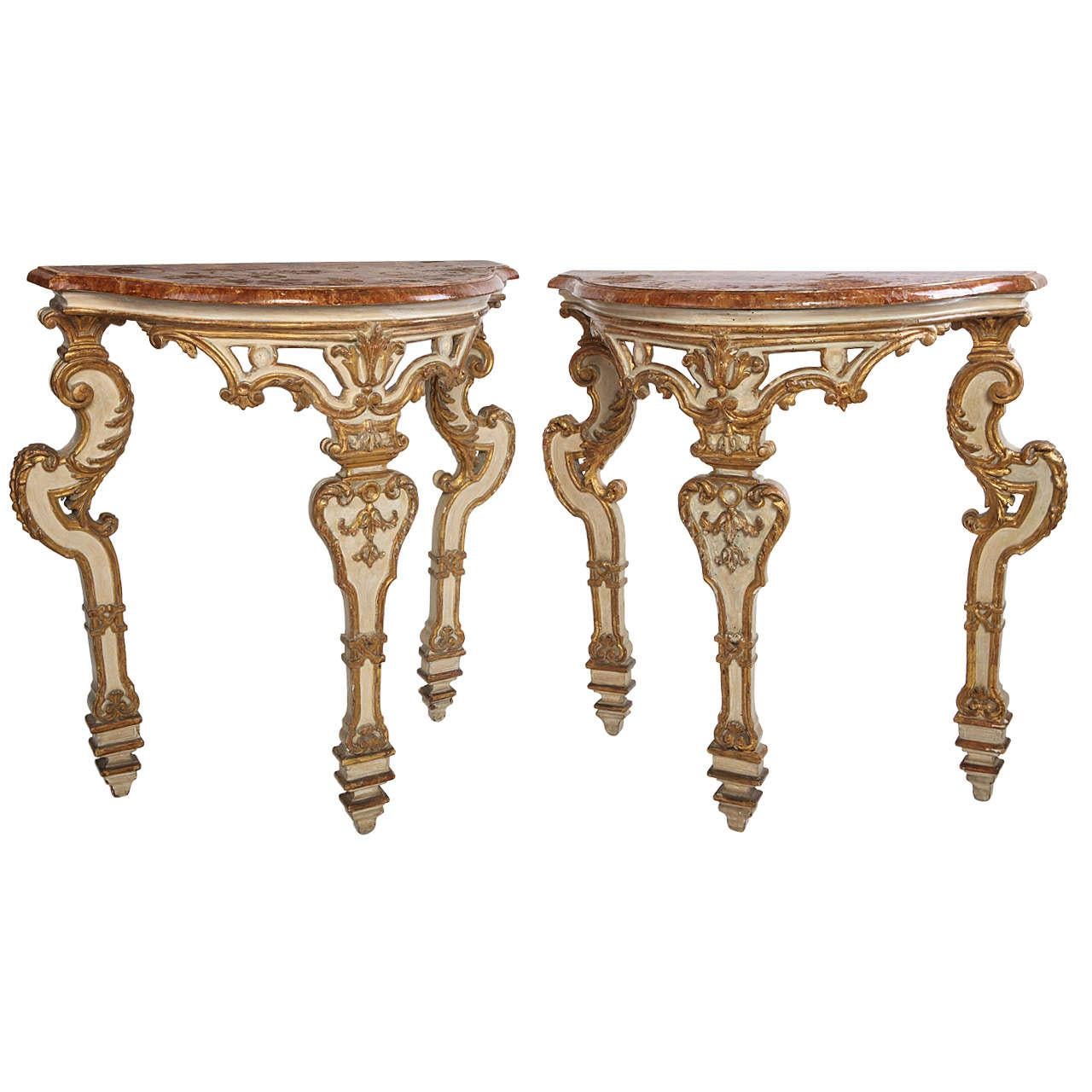 Pair of Italian 18th Century Painted and Parcel-Gilt Console Tables 1