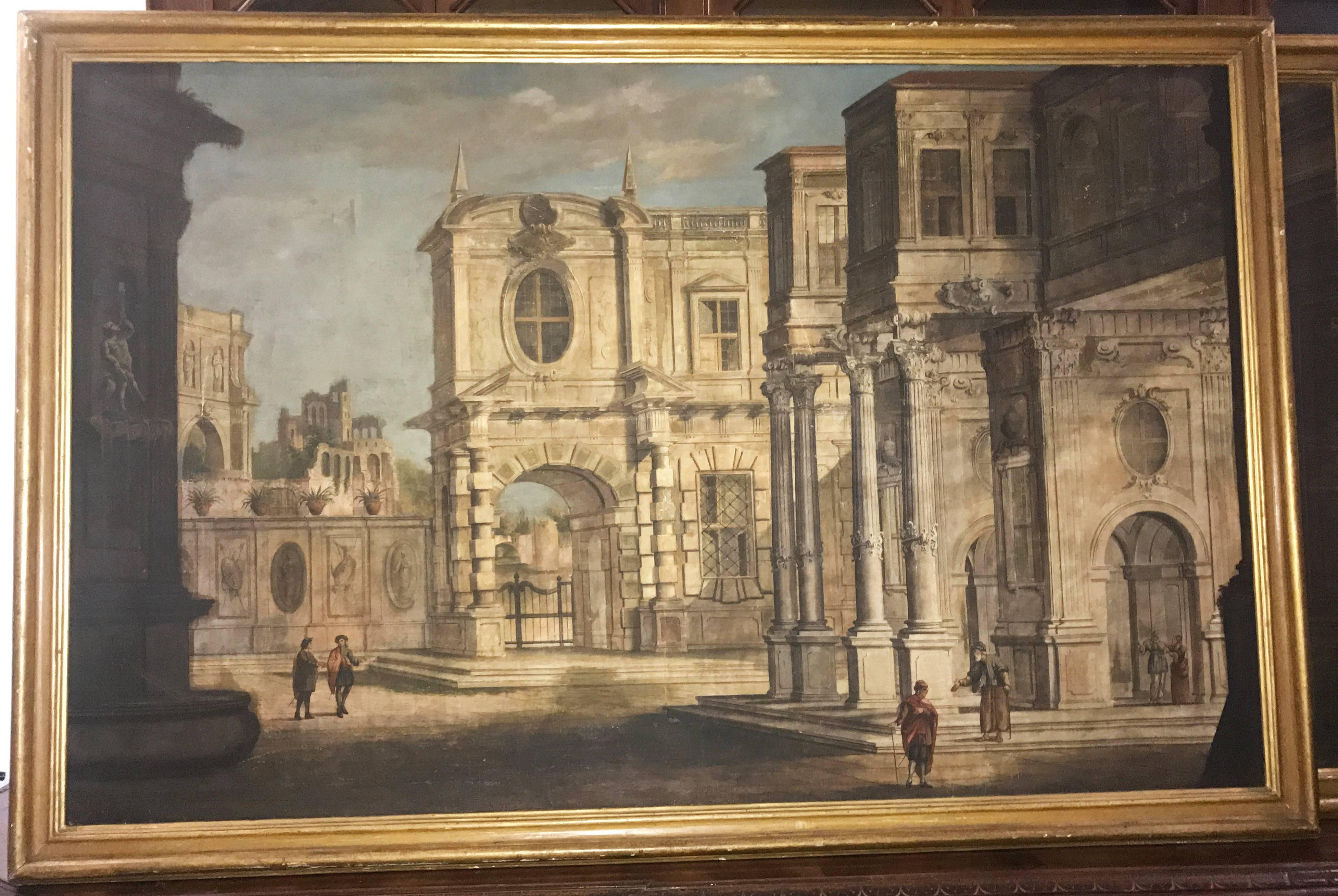 A fine pair of Italian 18' century Capriccio with Classical ruins, tempera oil on canvas with giltwood frame .
Atr.Pietro Paltronieri, il Mirandolese (Mirandola 1673-1741 Bologna).
 