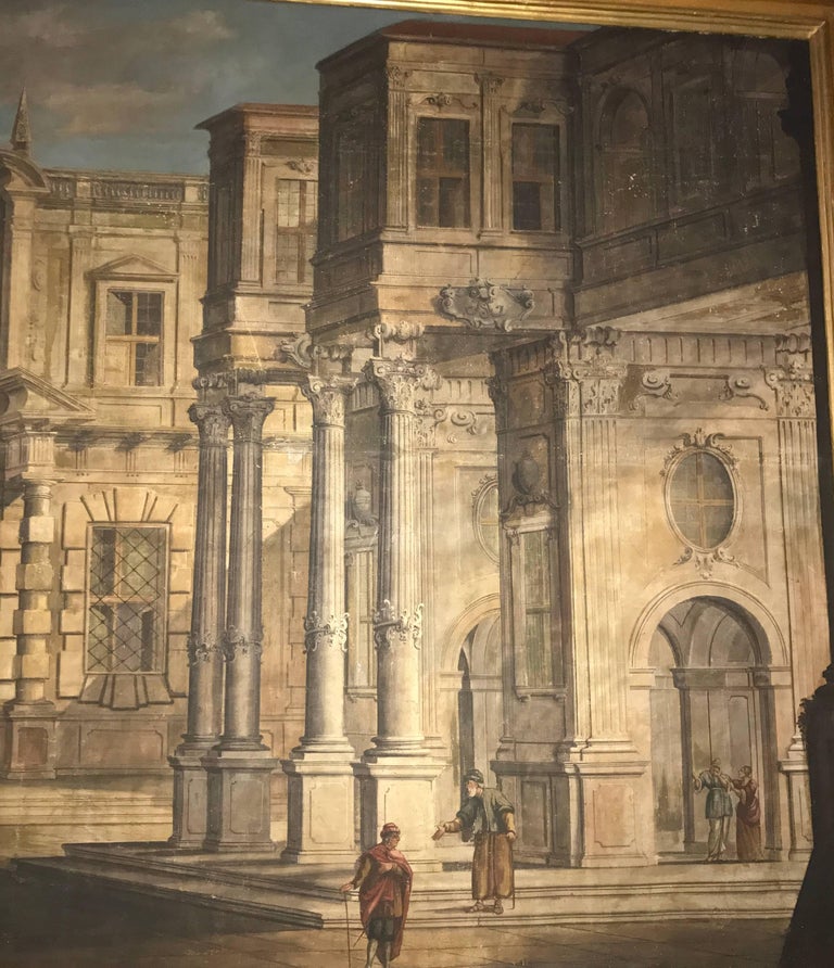 Louis XV Pair of Italian 18th Century Painting Capriccio, Tempera on Canvas For Sale