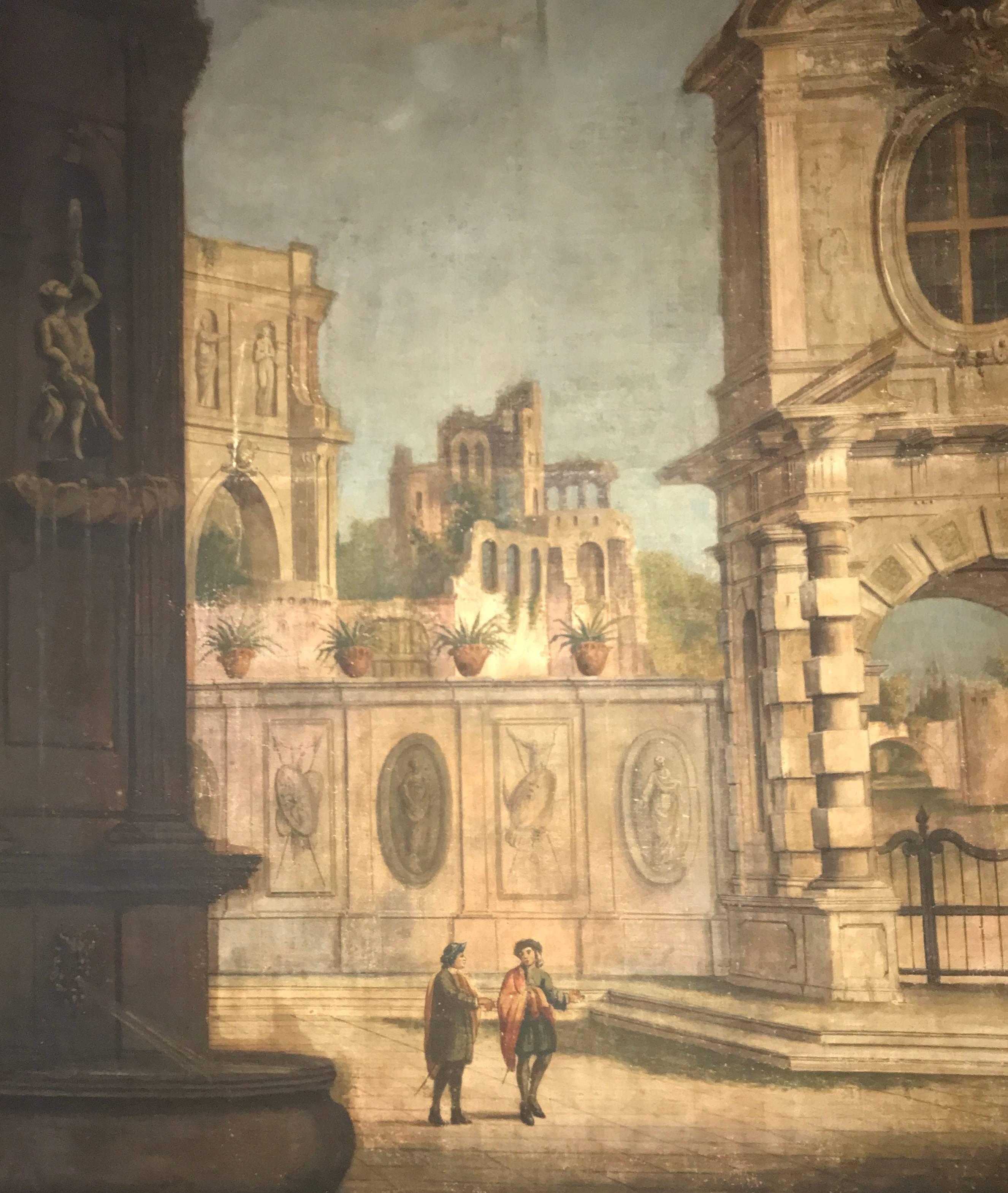 Pair of Italian 18th Century Painting Capriccio, Tempera on Canvas In Good Condition In Rome, IT