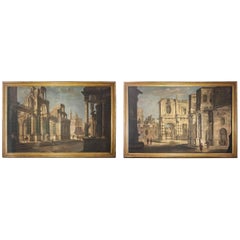 Pair of Italian 18th Century Painting Capriccio, Tempera on Canvas