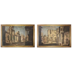 Paar italienische Gemälde Capriccio, Tempera auf Leinwand aus dem 18. Jahrhundert