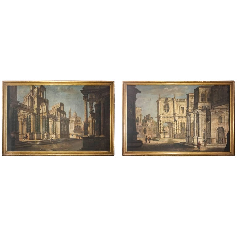 Pair of Italian 18th Century Painting Capriccio, Tempera on Canvas For Sale