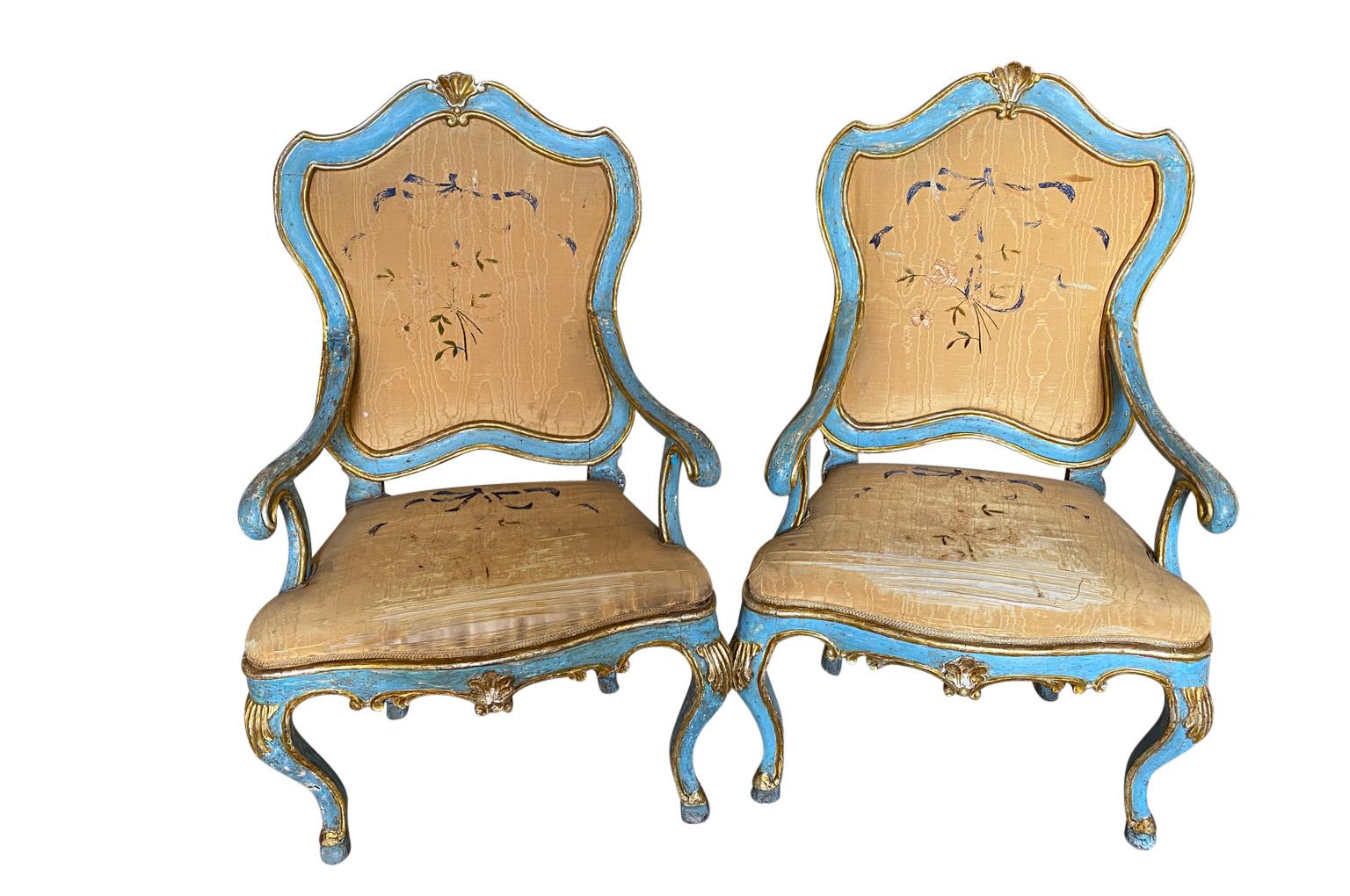 Polychromed Pair of Italian 18th Century Regence Fauteuils, Armchairs For Sale