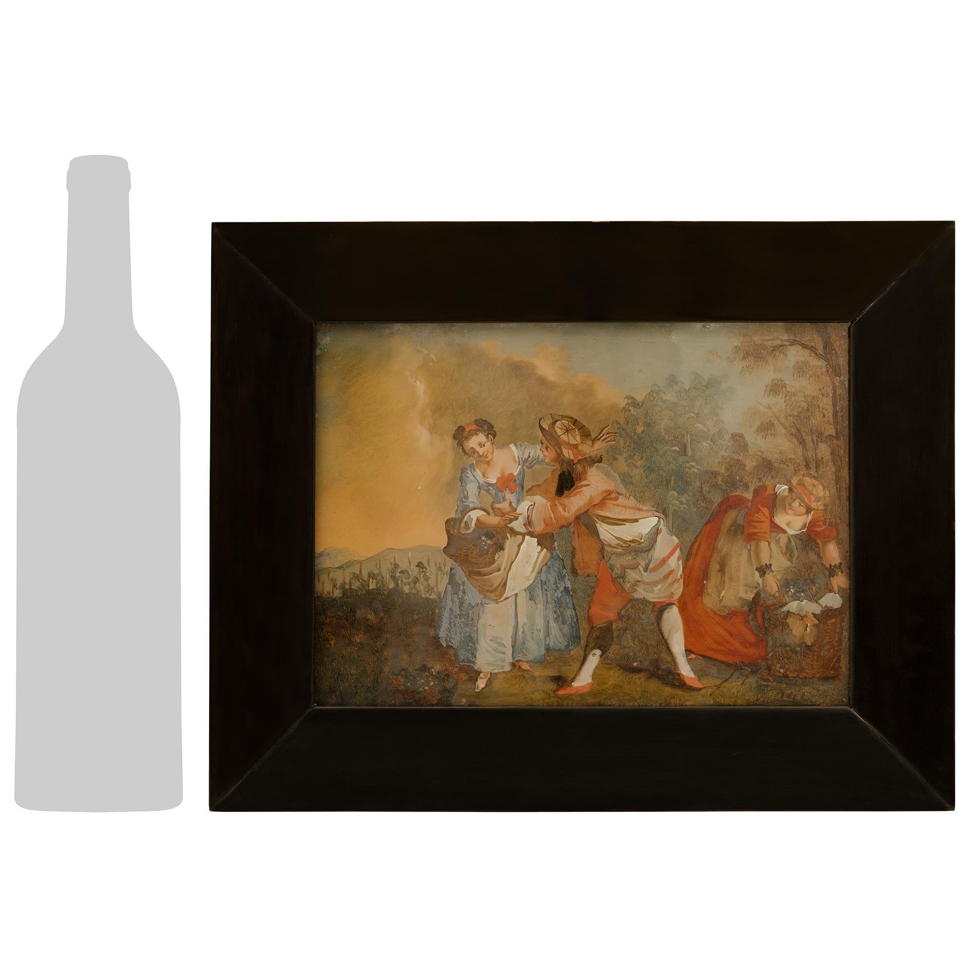 A delightful pair of Italian 18th century reverse painted on glass and ebonized Fruitwood paintings. Each most charming painting is set within an elegant and continuous ebonized Fruitwood frame. The left painting depicts a gentleman and a lady ice