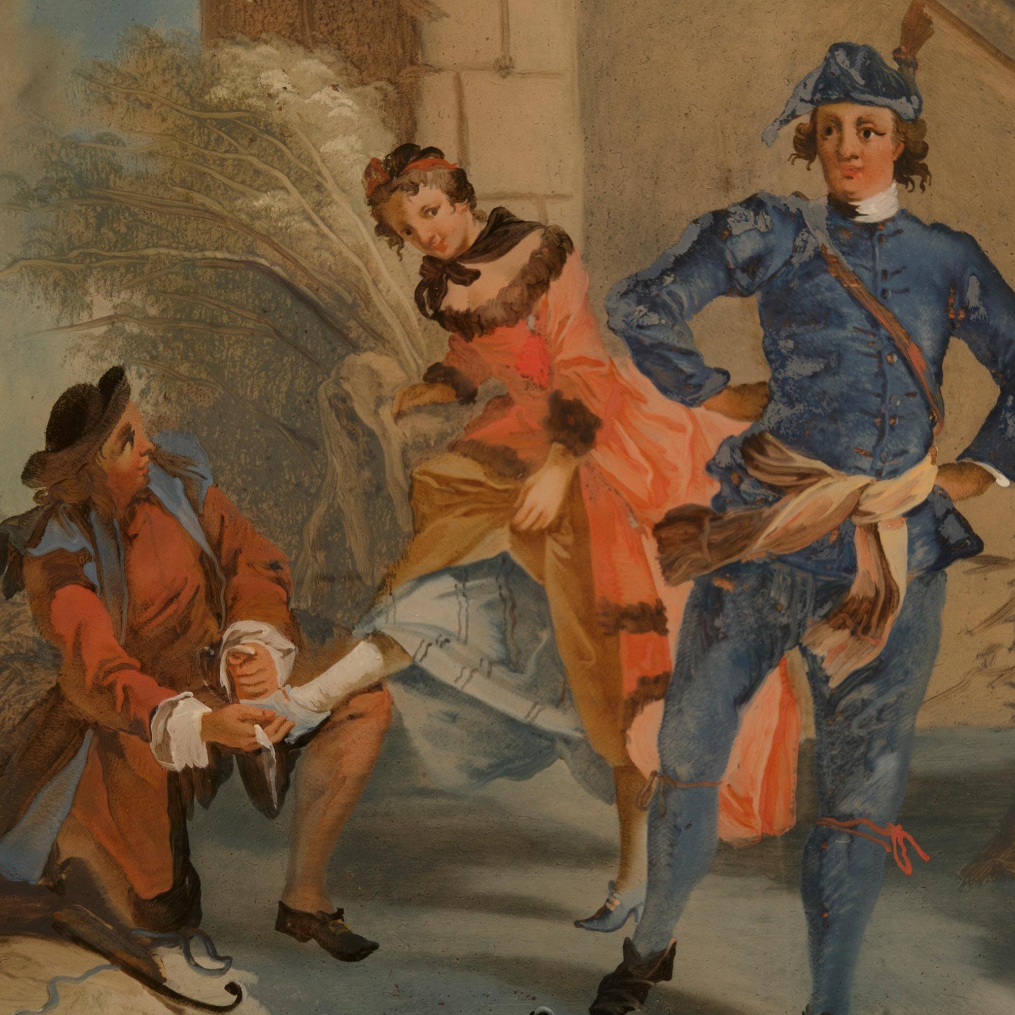 18th Century and Earlier pair of Italian 18th century reverse painted on glass and Fruitwood paintings For Sale