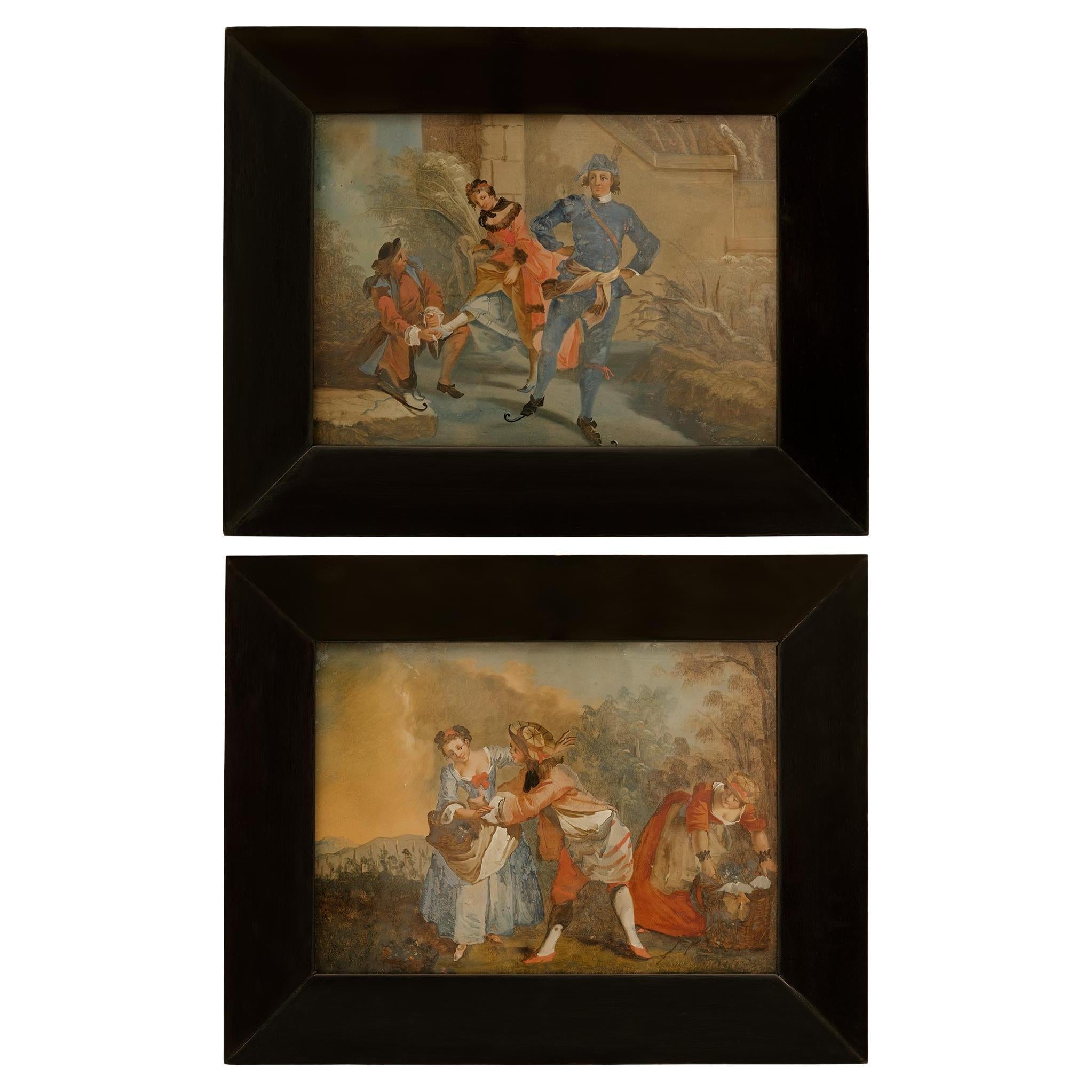 pair of Italian 18th century reverse painted on glass and Fruitwood paintings