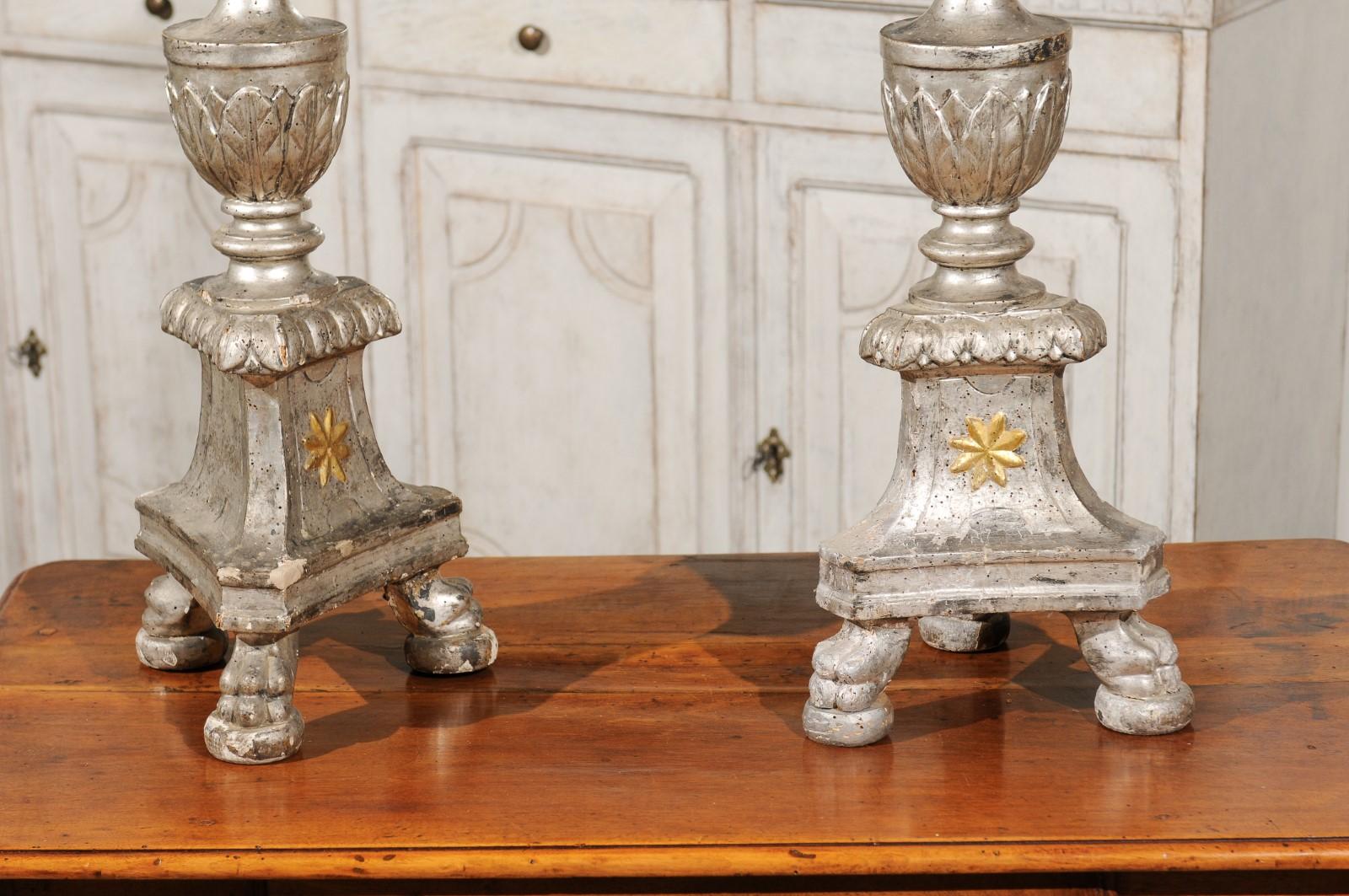 18th Century and Earlier Pair of Italian 18th Century Silver Candlesticks with Gilt Star and Waterleaves For Sale