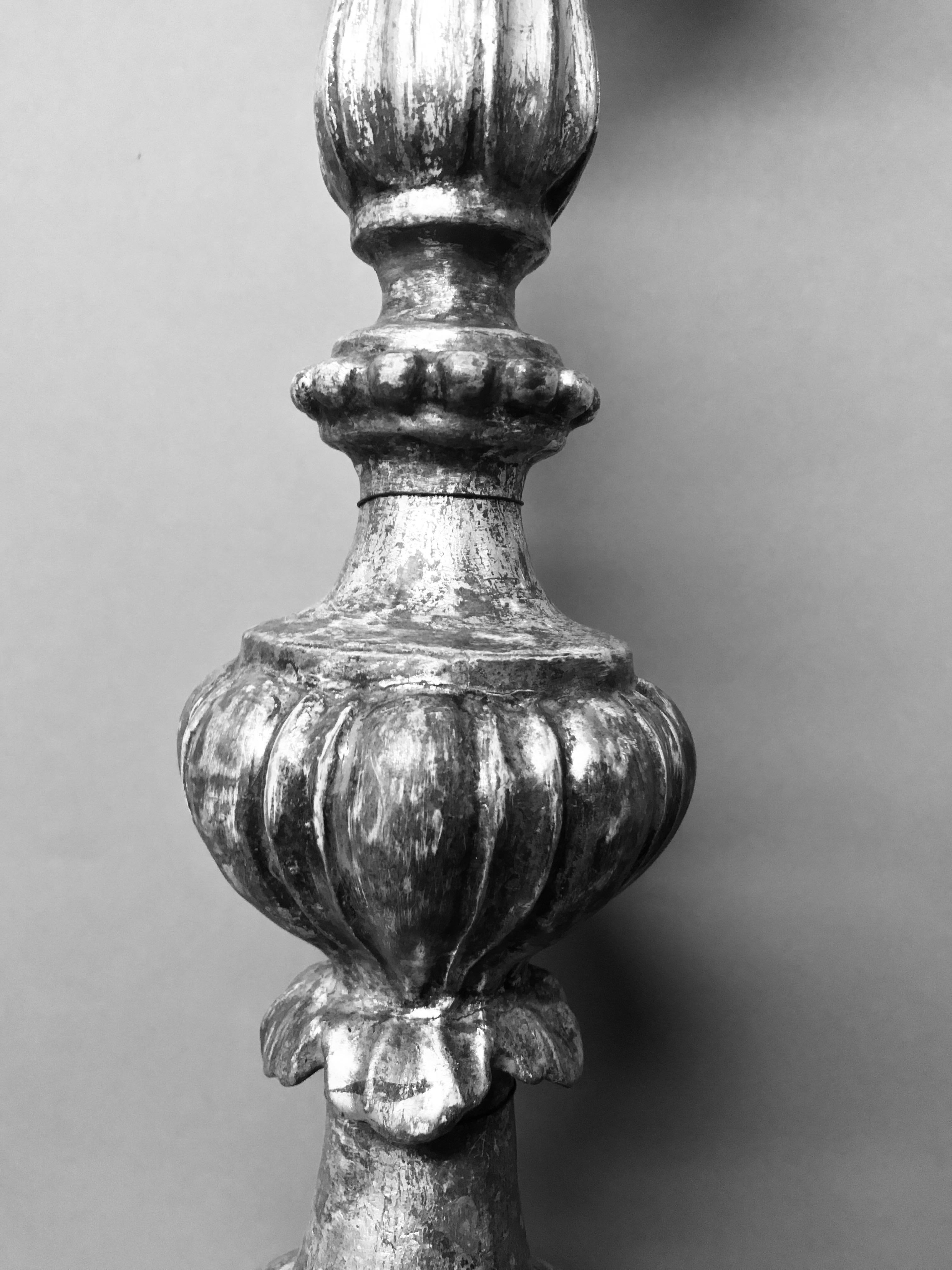 Fruitwood Pair of Italian 18th Century Silver Leaf Lamps