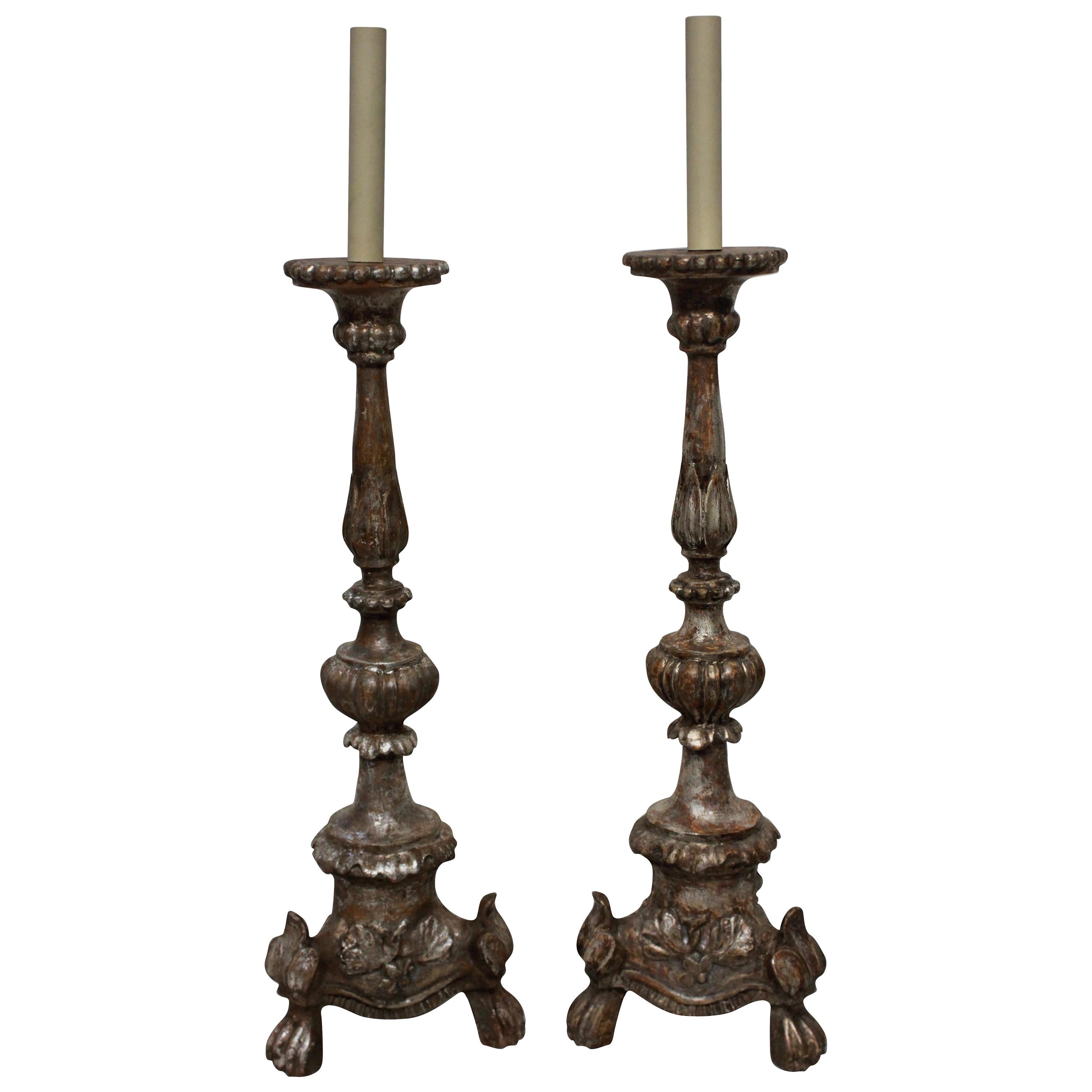 Pair of Italian 18th Century Silver Leaf Lamps