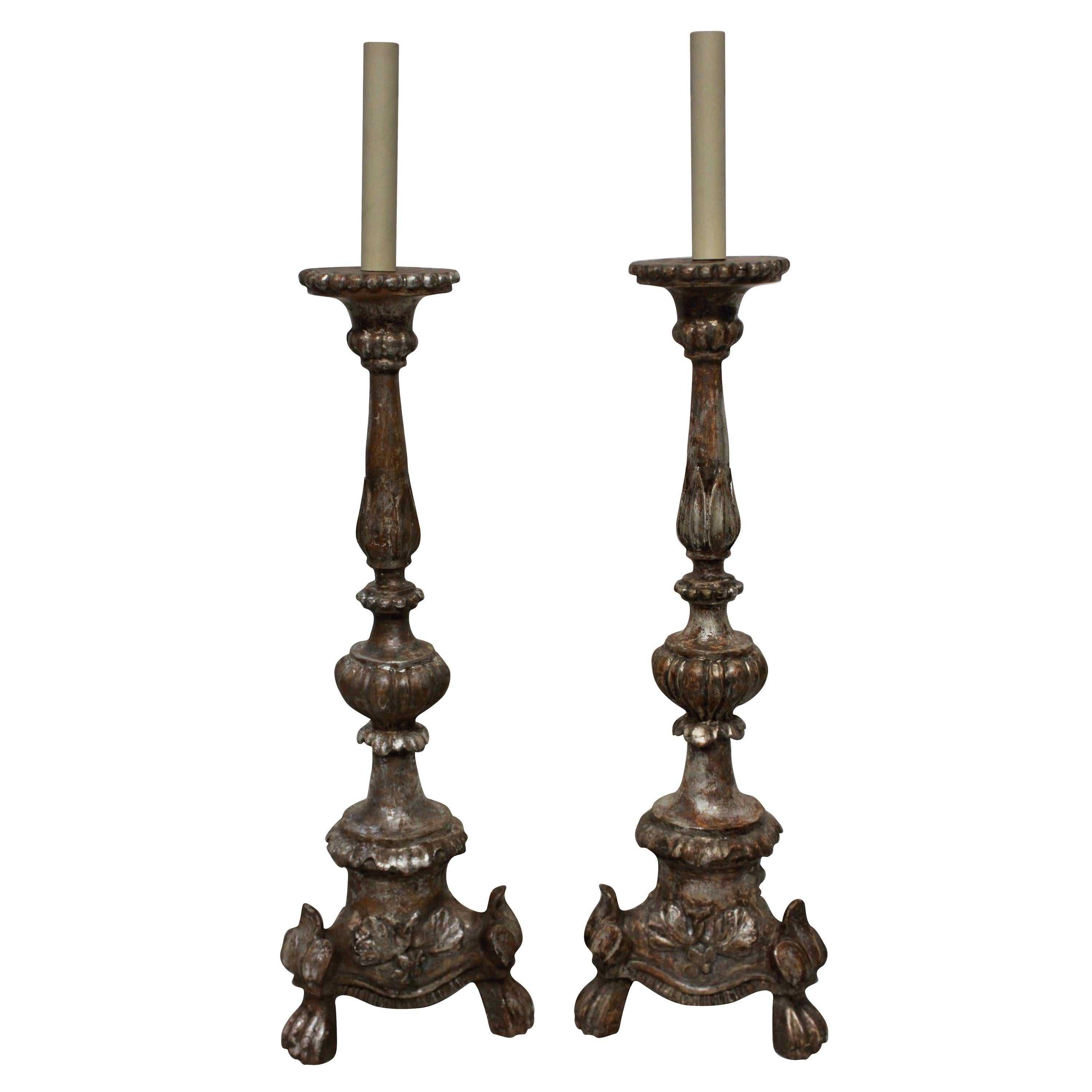 Pair of Italian 18th Century Silver Leaf Lamps