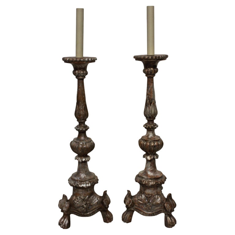 Pair of Italian 18th Century Silver Leaf Lamps For Sale at 1stDibs