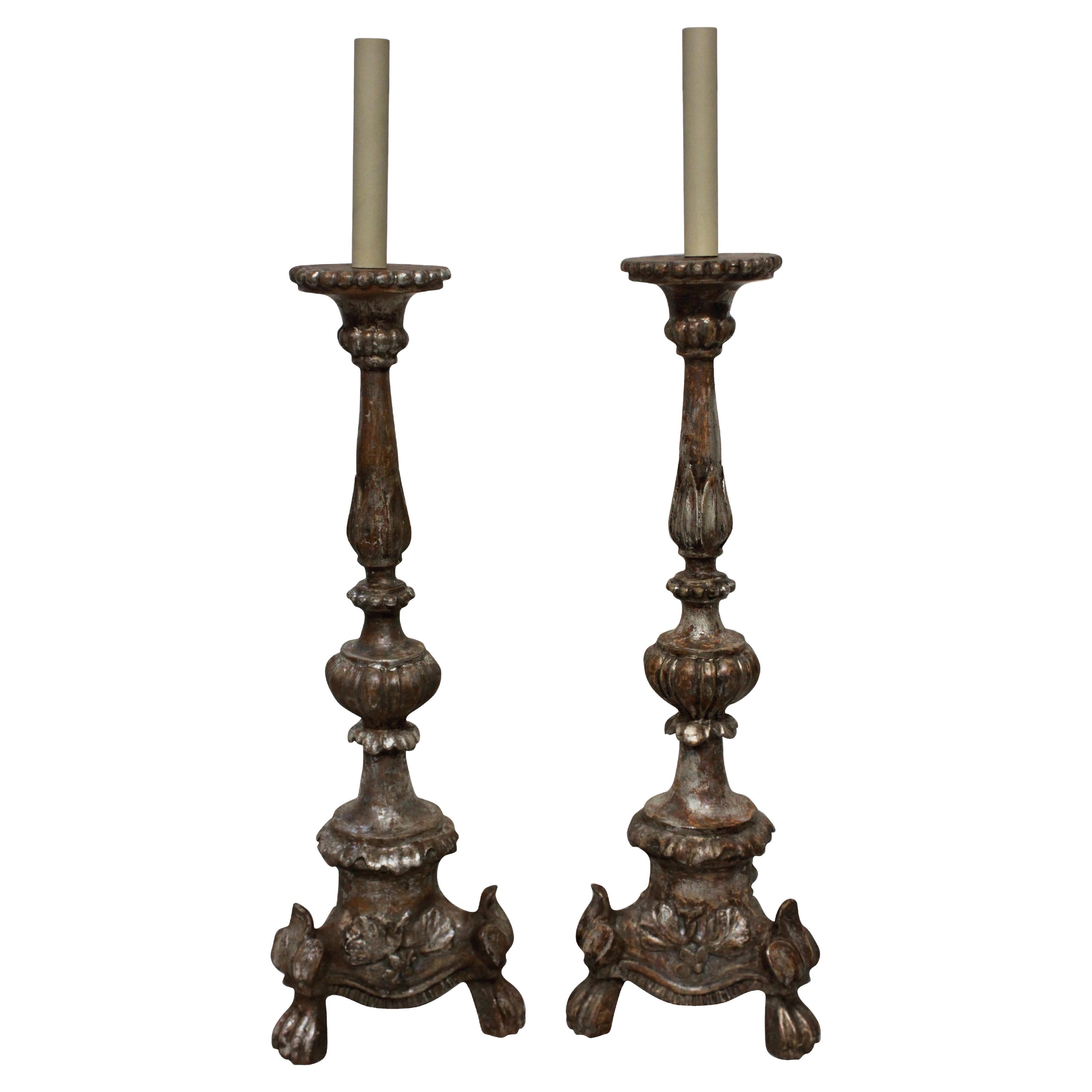 Pair of Italian 18th Century Silver Leaf Lamps For Sale