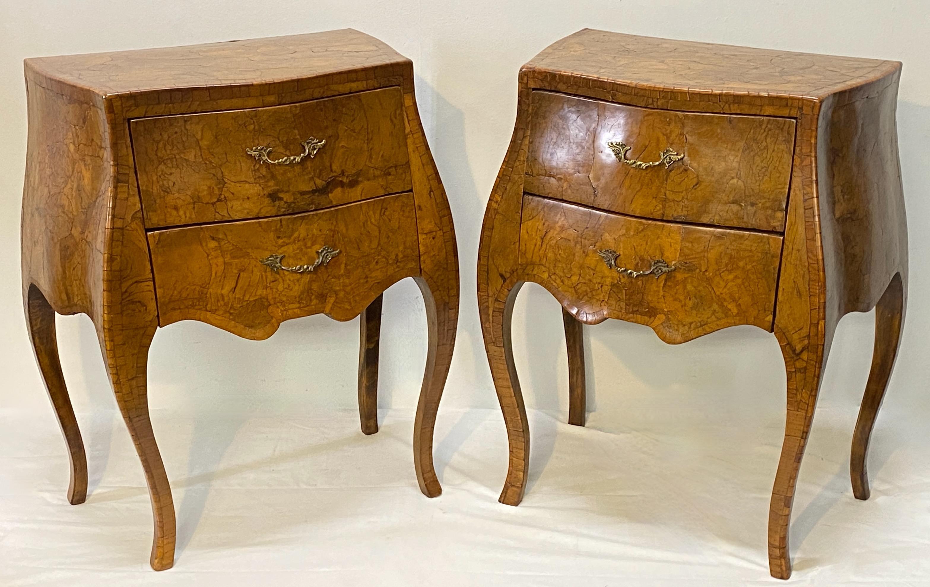 A pair of beautifully hand made bedside chest of drawers with thick highly figural walnut patch work veneer over solid pine. 
Excellent quality, great shape and style, in remarkable antique condition.
Having custom cut glass tops measuring 20.5 wide