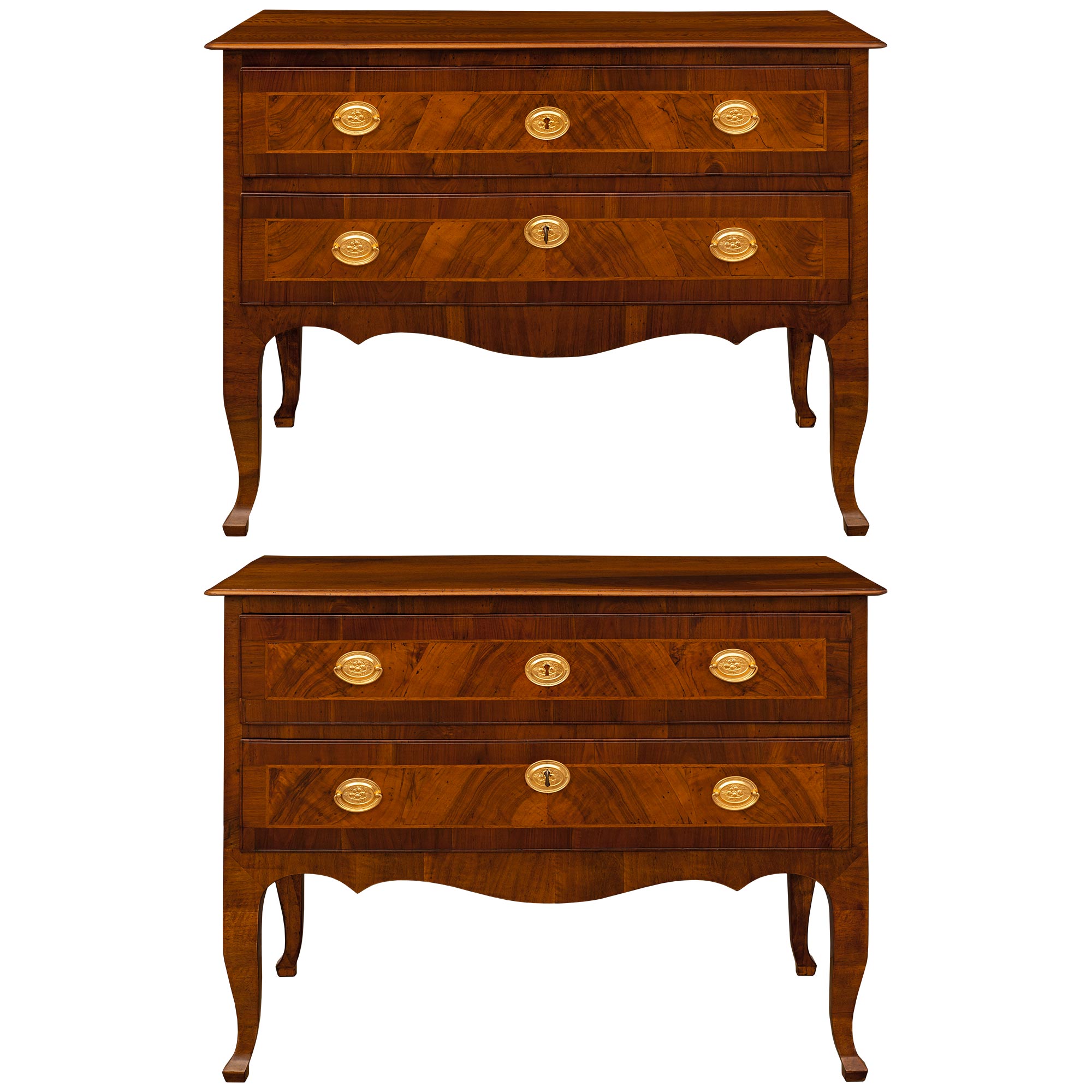 Pair Of Italian 18th Century Transitional St. Walnut And Ormolu Commodes For Sale