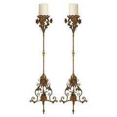 pair of Italian 18th century Tuscan st. Wrought Iron and Brass candlesticks