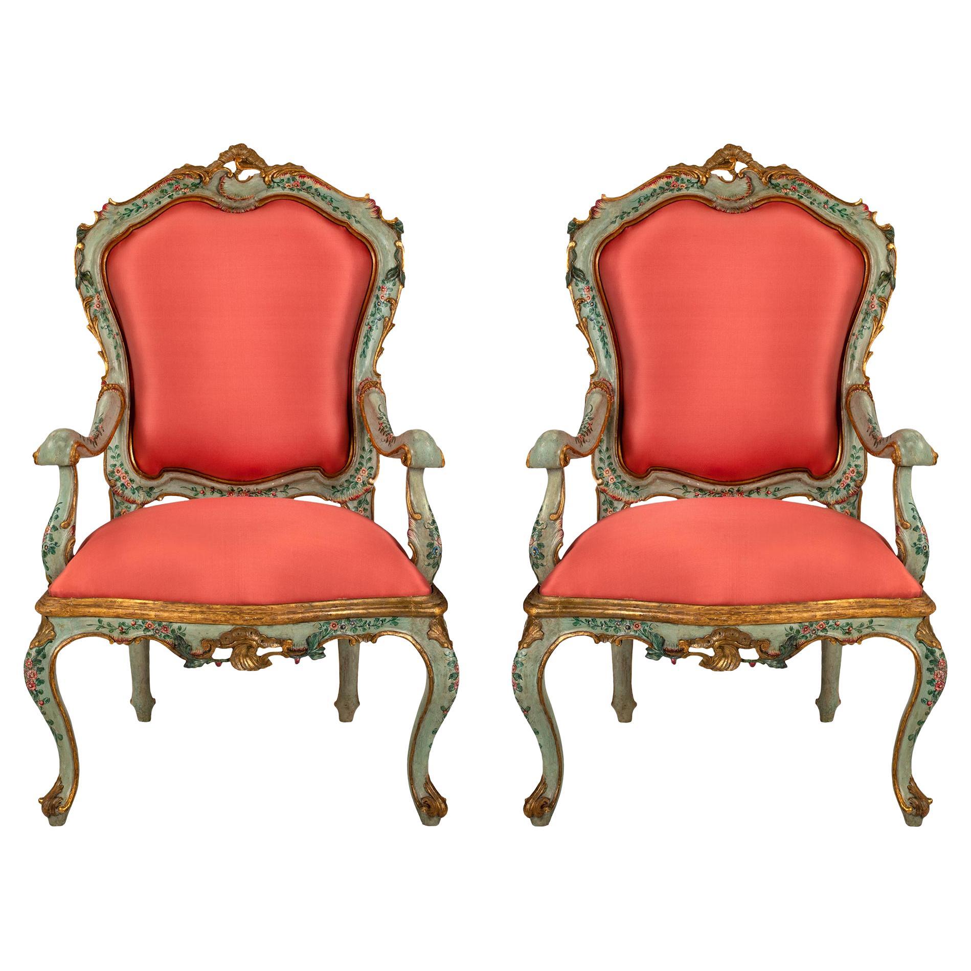 Pair of Italian 18th Century Venetian Patinated and Mecca Armchairs For Sale