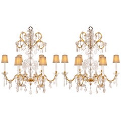 Antique Pair Of Italian 18th Century Venetian St. Gilt Metal And Crystal Chandeliers