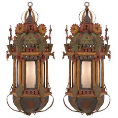 Pair of Italian 18th Century Venetian St. Patinated Metal and Tole Lanterns